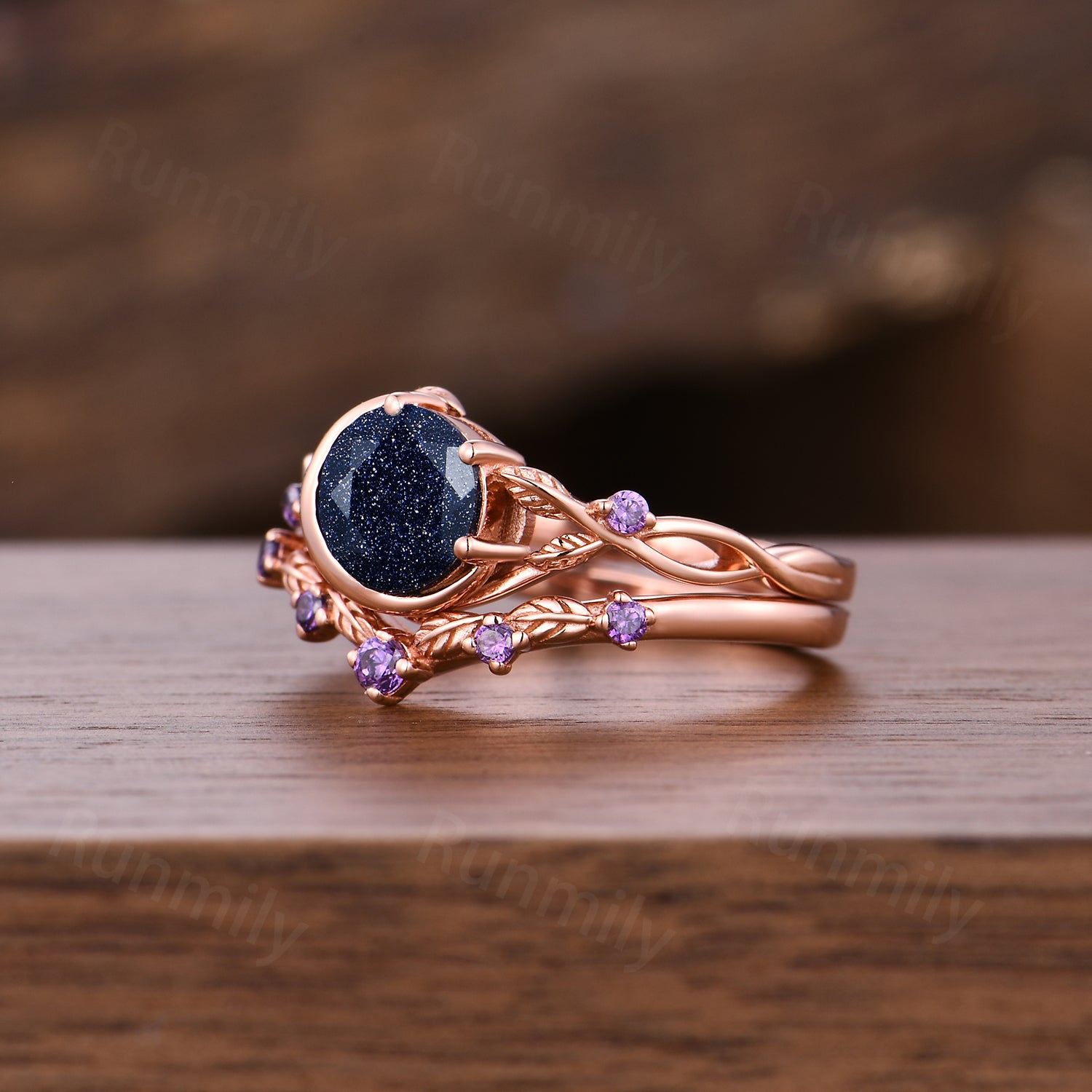 1CT Round Galaxy Blue Sandstone Amethyst Engagement Ring Set Moon Twig Leaf Bridal Wedding Ring Vintage Rose Gold Promise Rings