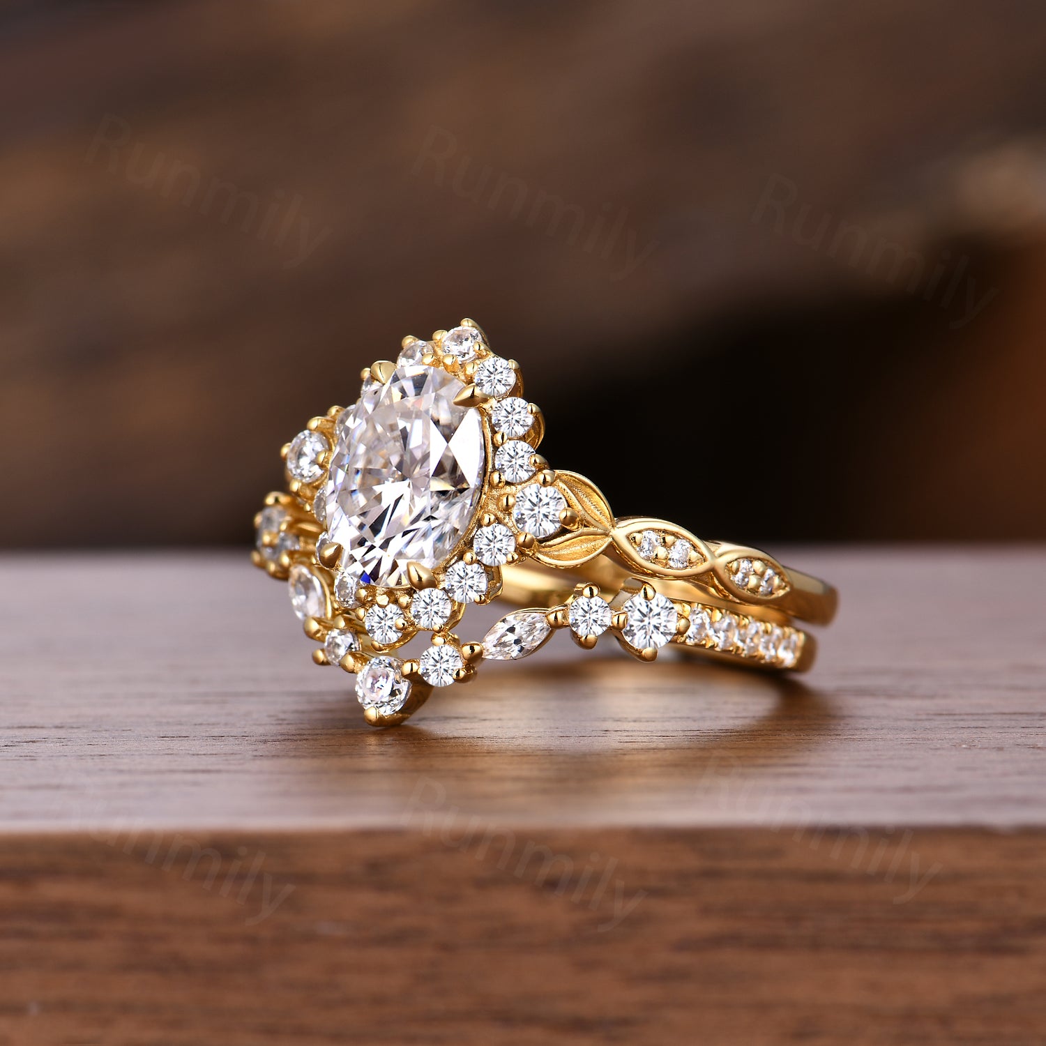 Art Deco Oval Moissanite Engagement Ring Yellow Gold Vintage Colorless Diamond For Women Antique Anniversary Ring Set