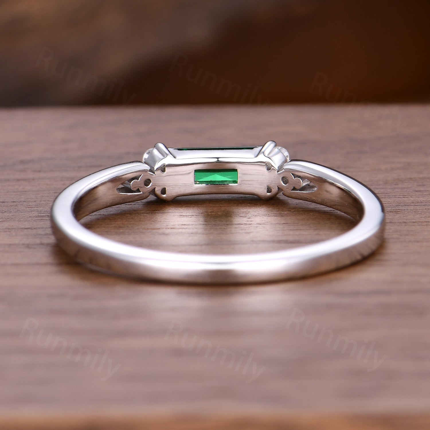 Baguette cut Emerald Wedding Band Sterling Silver Stacking Band Unique Moissanite Cluster Wedding Ring Dainty Anniversary Ring For Women