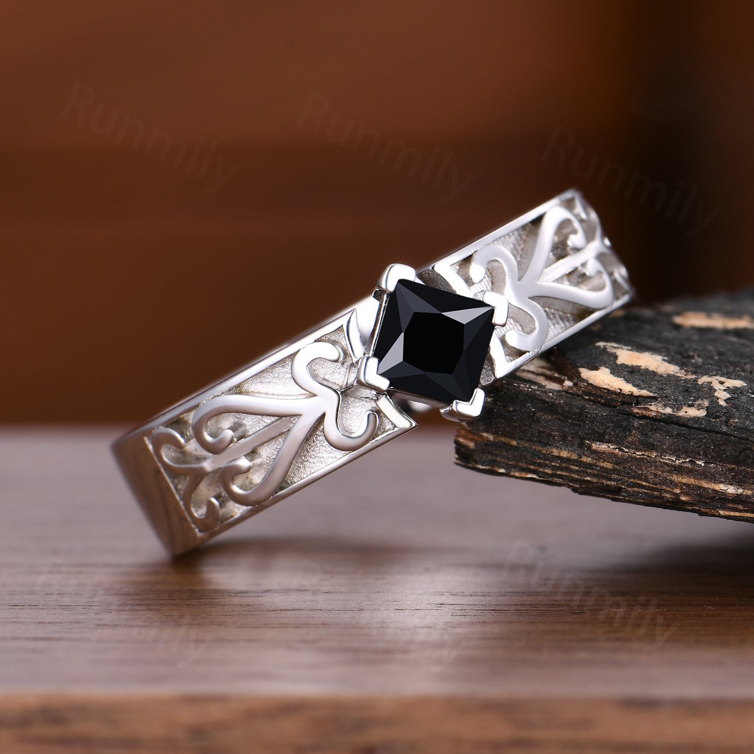 Princess Cut Black Onyx Mens Ring Celtic Love Knot Wedding Band 14k White Gold Mens Vintage Promise Ring