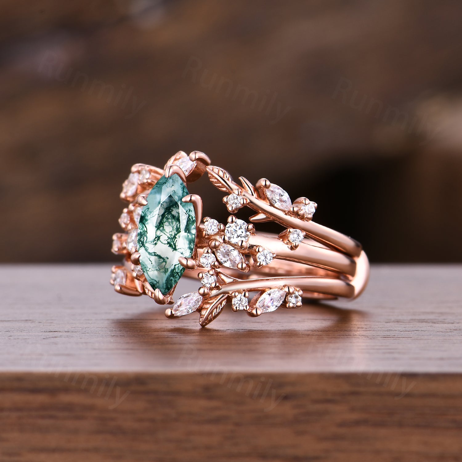 Moss Agate Marquise Bridal Ring Set: Vintage Rose Gold Moissanite Cluster