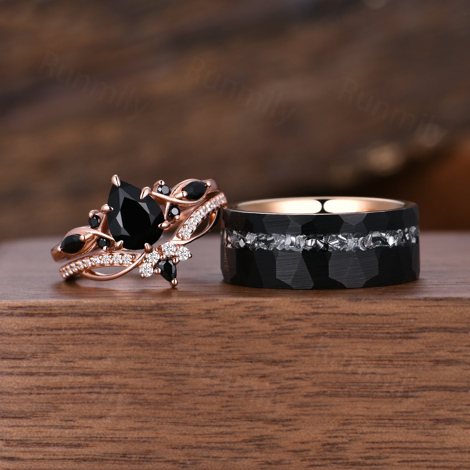 Vintage Black Onyx Couple Ring Set Rose Gold & Tungsten His and Her Band Matching Unique Promise Ring Set