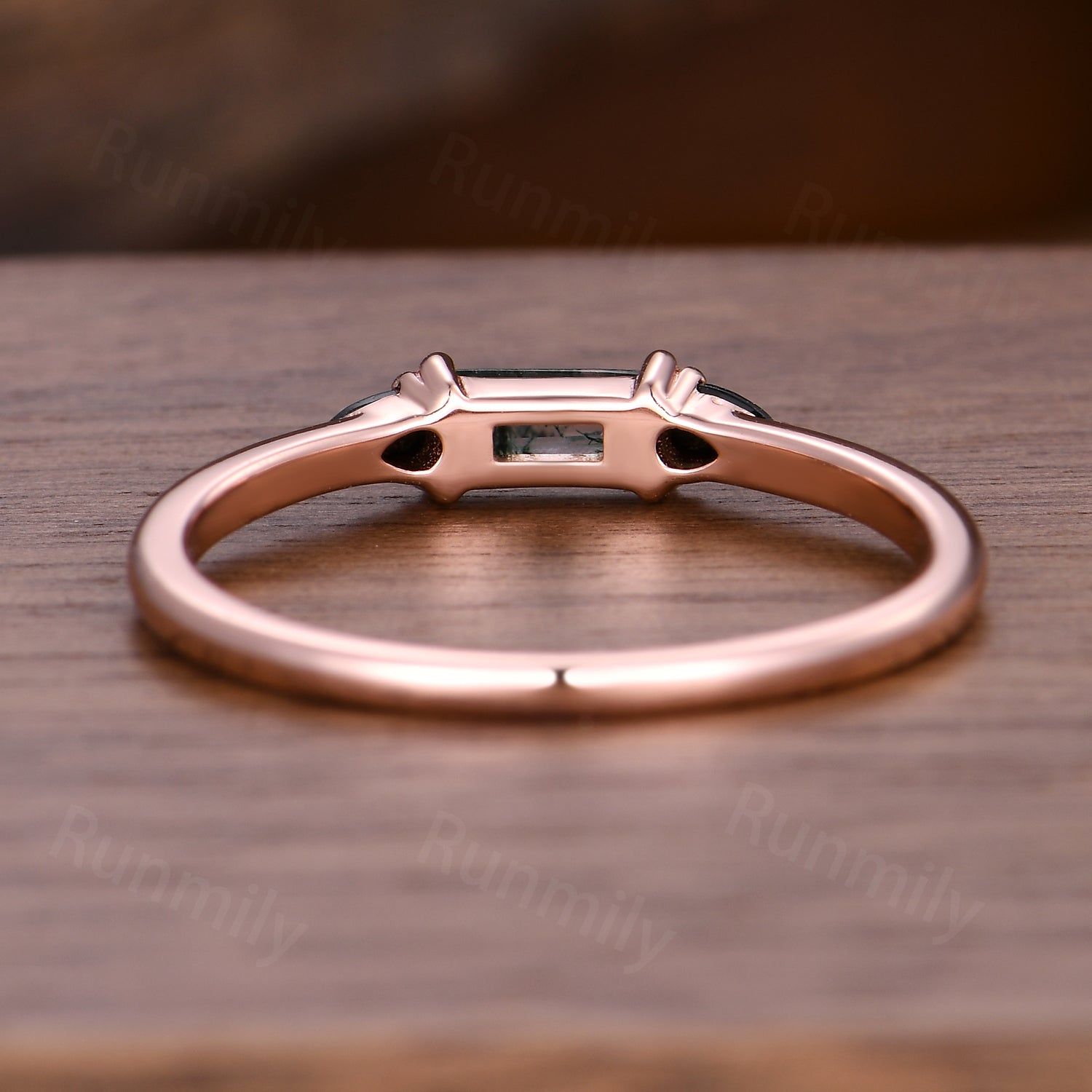 Baguette Cut Moss Agate Wedding Band Rose Gold Black Spinel Wedding Ring Three Stone Stacking Matching Band Gemstone Anniversary Ring