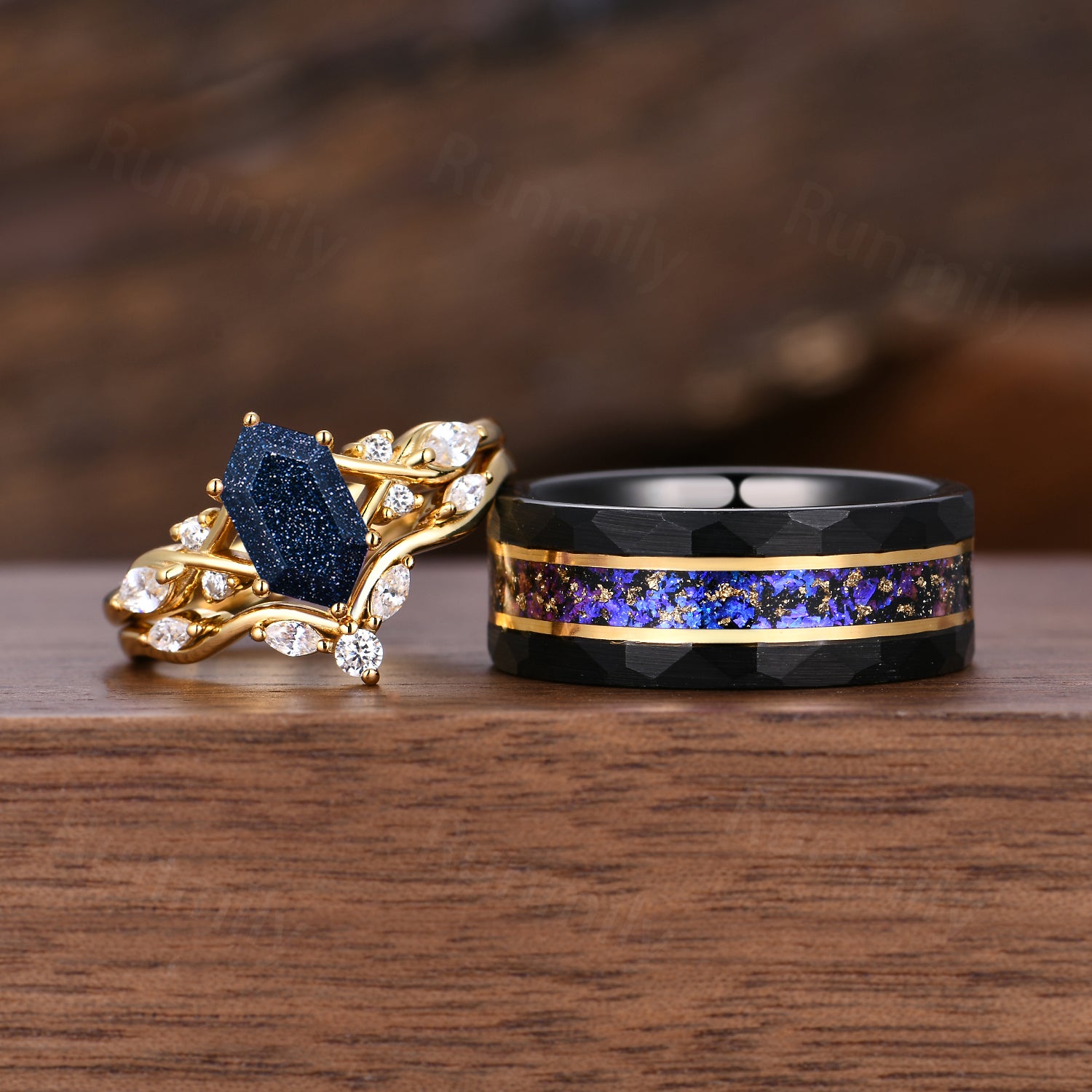 Starry Night Rings, Galaxy Blue Sandstone Couples Ring Set, Unique Cluster Bridal Ring, Yellow Gold Couple Wedding Band Cosmos Promise Rings