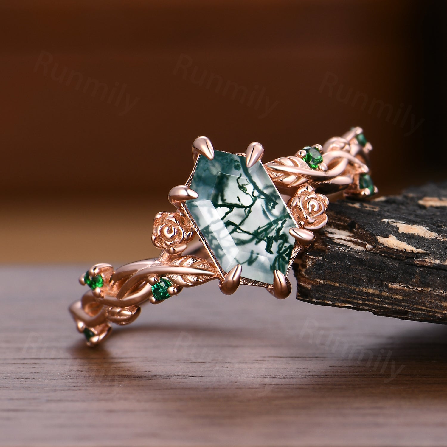 Unique Moss Agate Engagement Ring Infinity Leaf Emerald Ring Twisted Vine Wedding Ring For Women Nature Wedding Jewelry