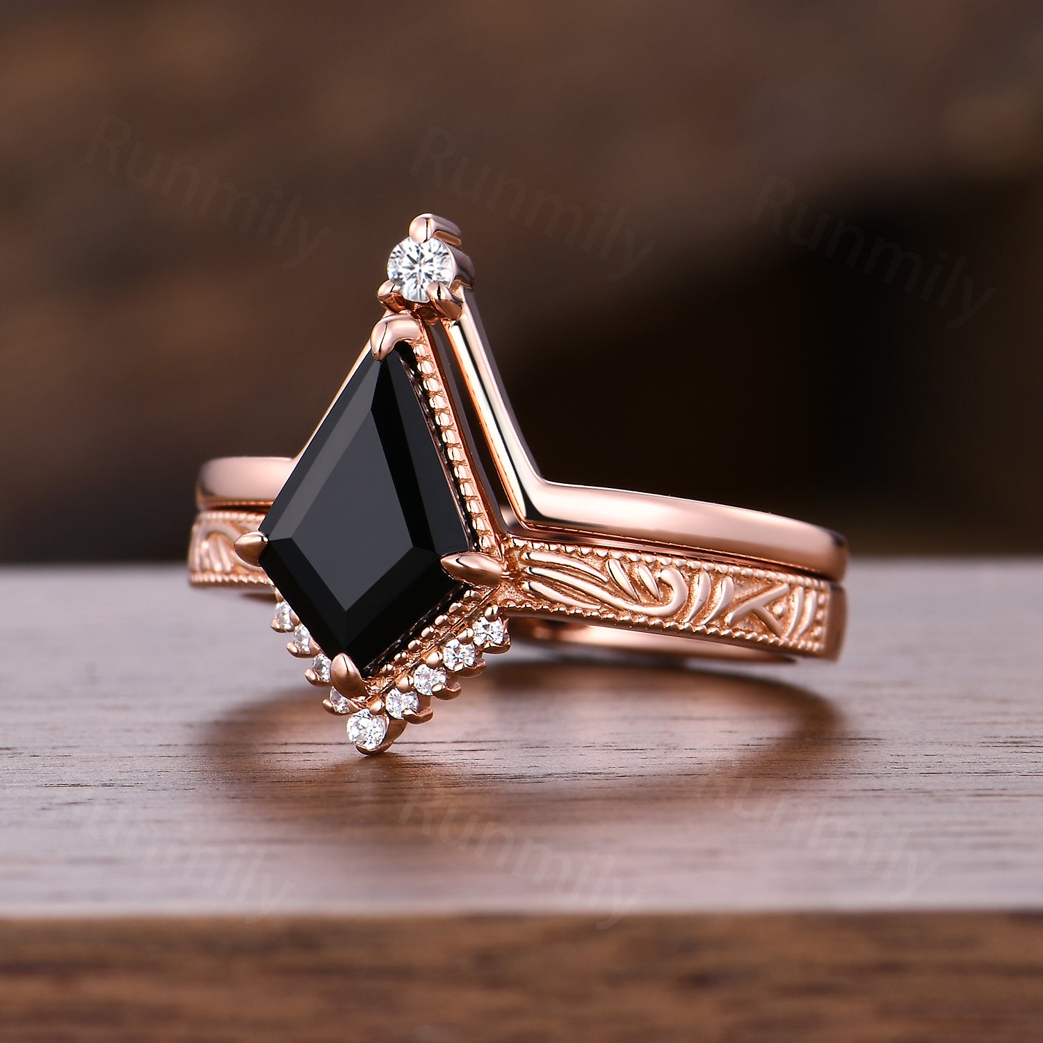 Filigree Black Onyx Engagement Ring Set Antique Rose Gold Wedding Stacking Ring Unique V Curved Bridal Anniversary Ring