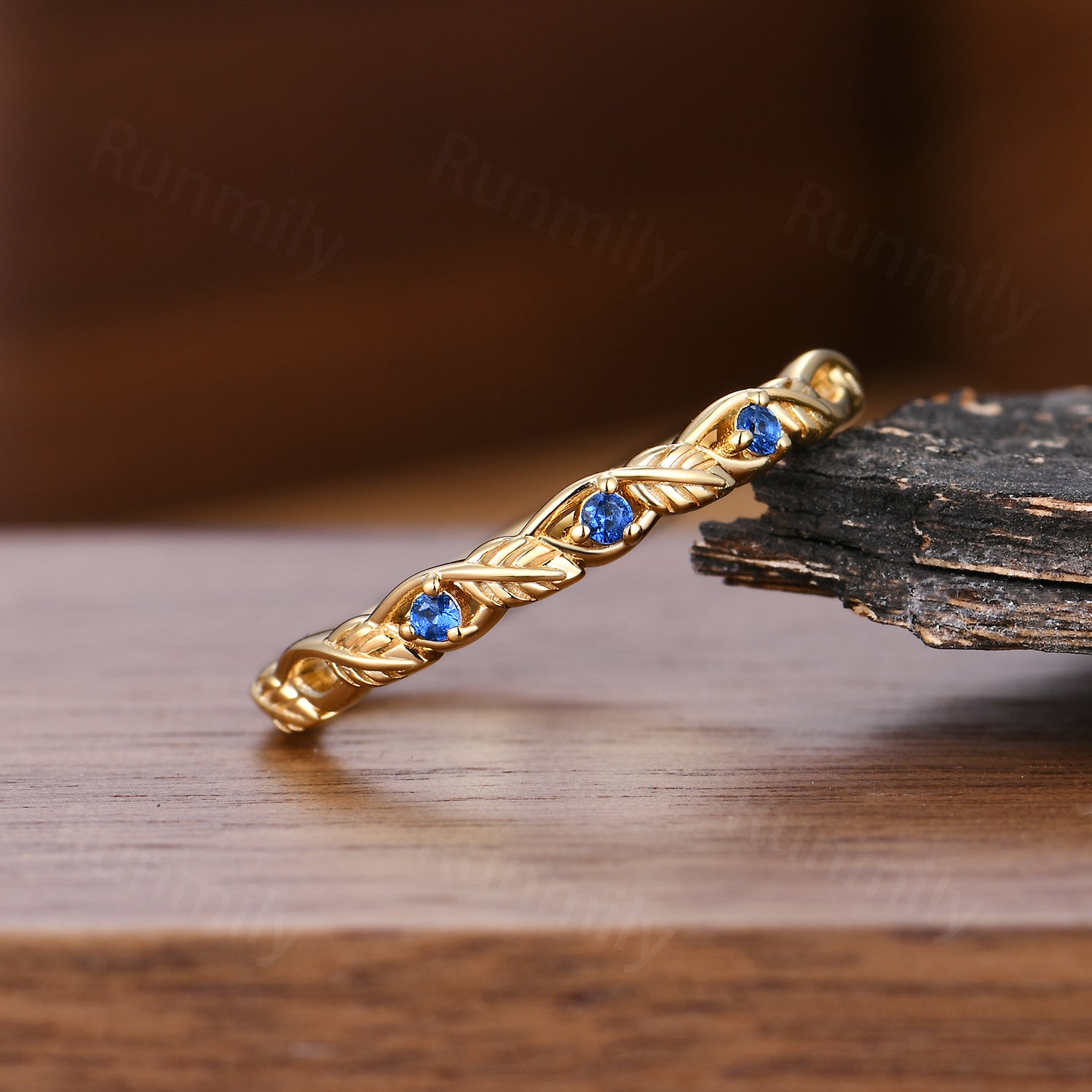 Dainty Blue Sapphire Wedding Band Leafy Inspired Band Solid Yellow Gold Three Stone Stacking Band Anniversary Ring Branch Ring