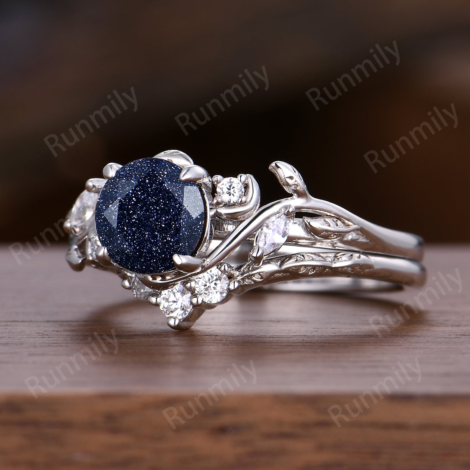 Round Cut Blue Sandstone Engagement Ring Set Twig Leaf Moissanite Wedding Band White Gold Nature Inspired Bridal Set Galaxy Anniversary Ring