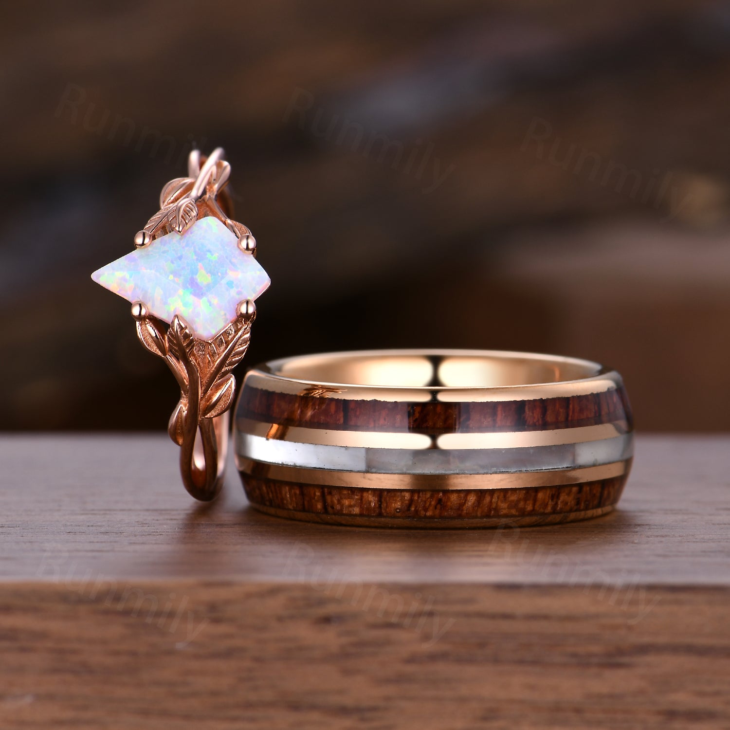 Kite Cut White Opal Couples Ring Set Rose Gold Twig Leaf Ring His And Hers Wedding Band Mens Tungsten Ring October Anniversary Rings