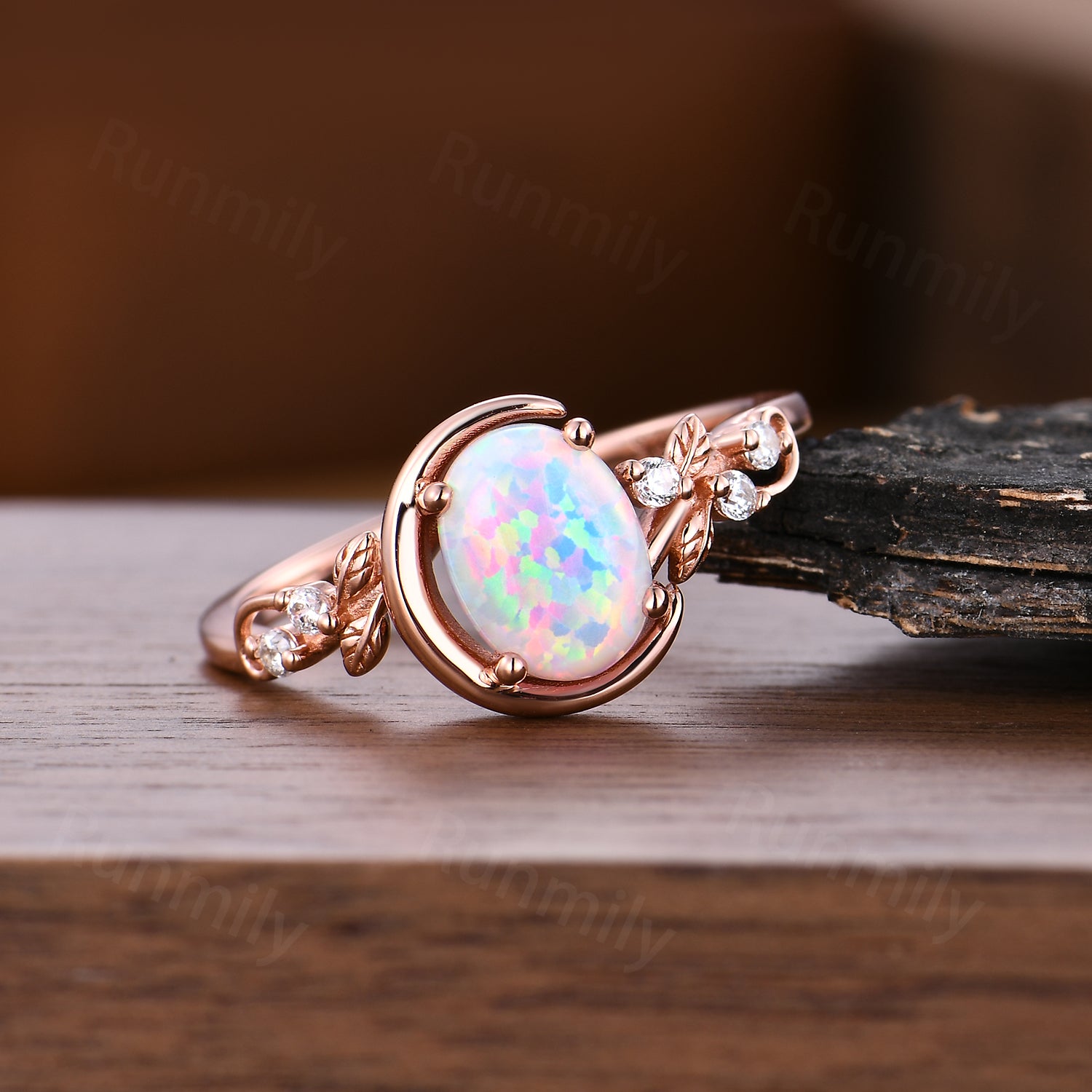 Crescent Opal Engagement Ring, Rose Gold Twig Leaf Moissanite Wedding Anniversary Ring