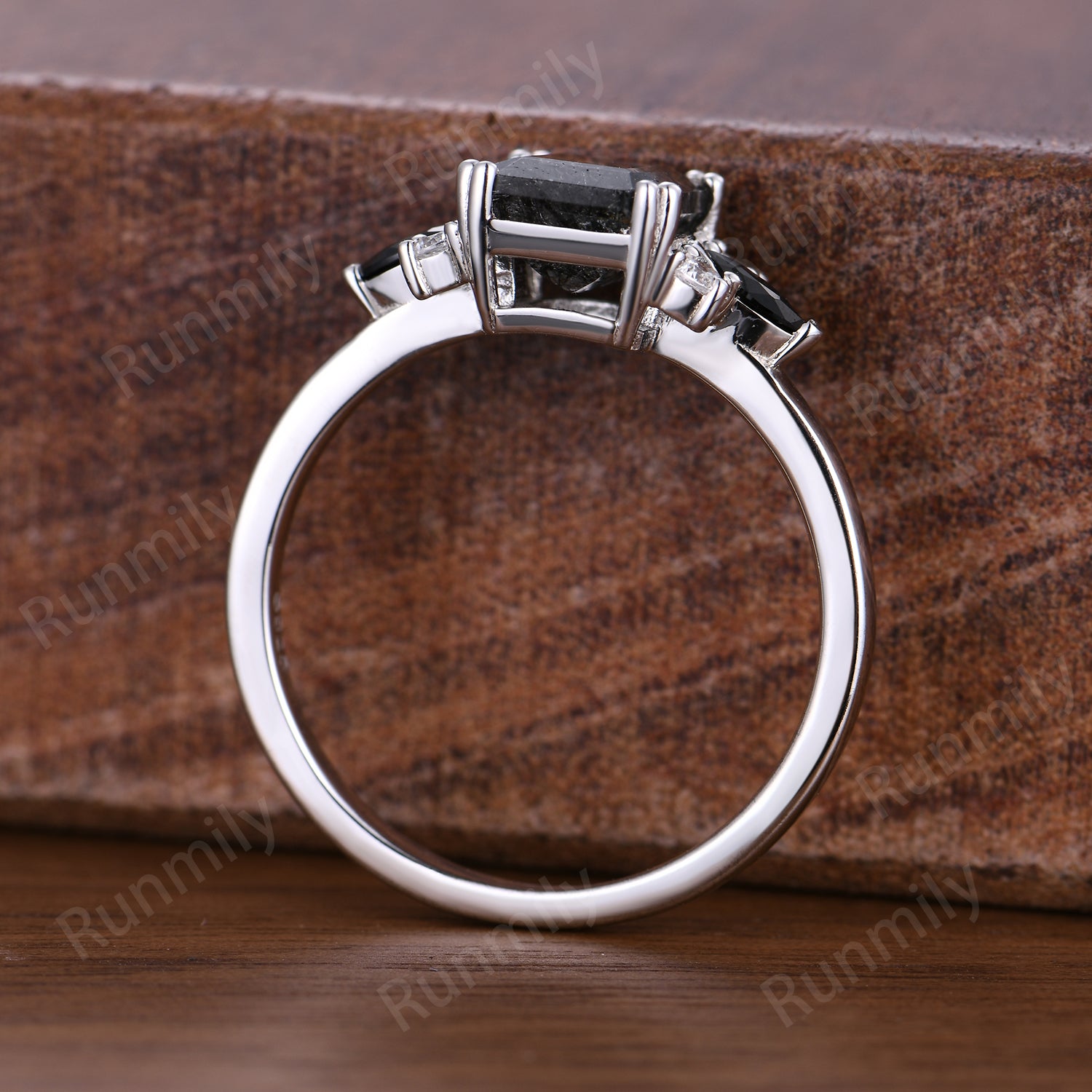 Unique Emerald Cut Natural Black Rutilated Quartz Engagement Ring Vintage Black Rutilated Quartz Set With Black Spinel And Moissanite Seven Stone Ring Silver Bride Ring