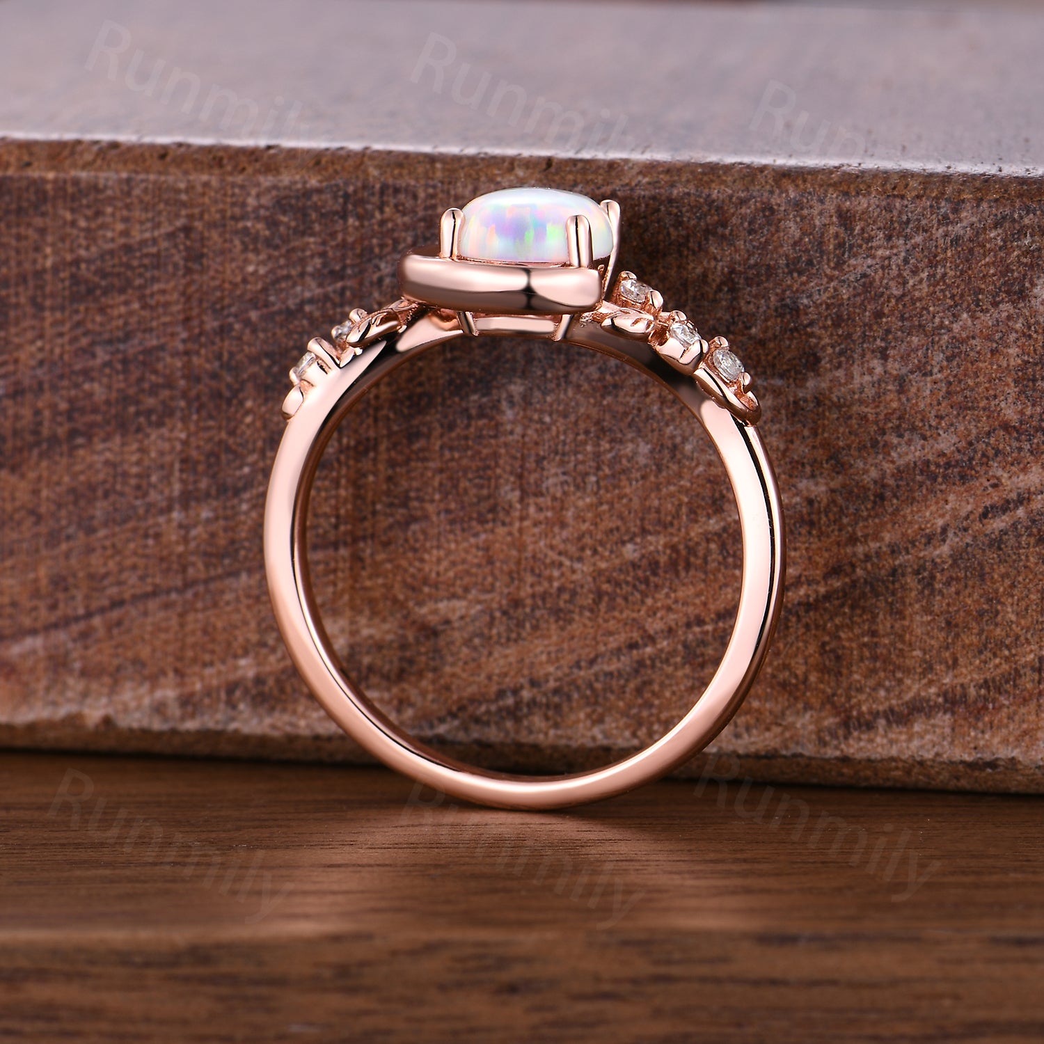 Crescent Opal Engagement Ring, Rose Gold Twig Leaf Moissanite Wedding Anniversary Ring