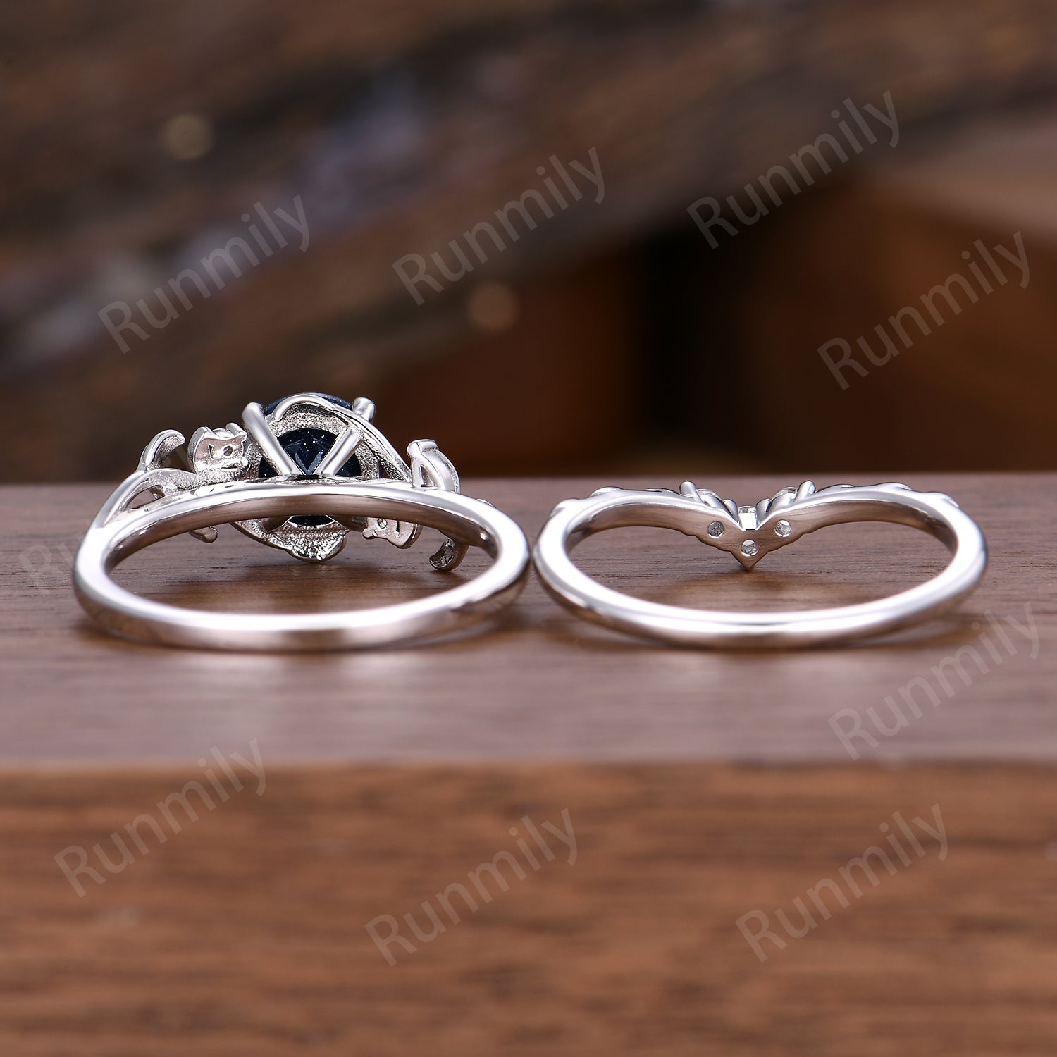 Round Cut Blue Sandstone Engagement Ring Set Twig Leaf Moissanite Wedding Band White Gold Nature Inspired Bridal Set Galaxy Anniversary Ring