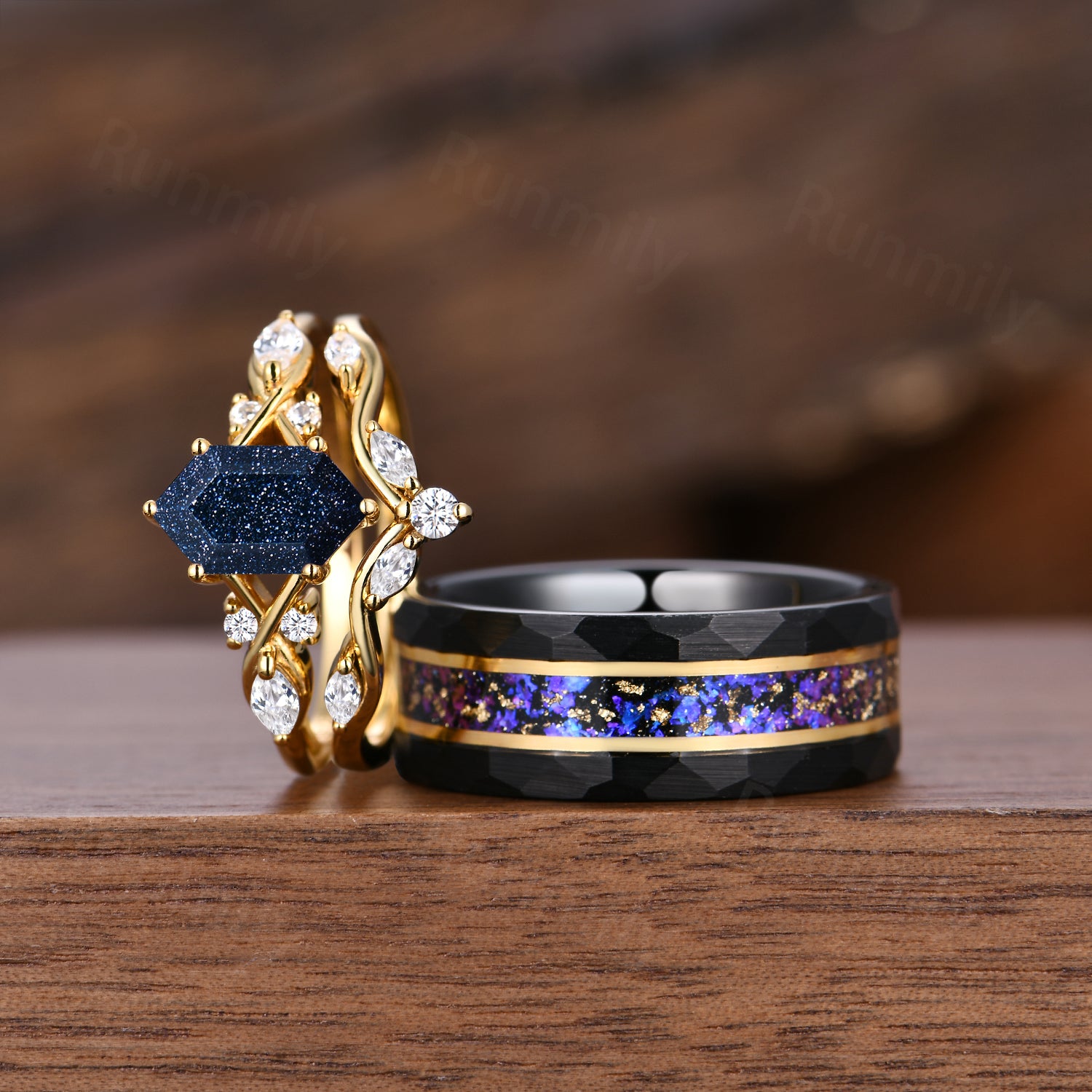 Starry Night Rings, Galaxy Blue Sandstone Couples Ring Set, Unique Cluster Bridal Ring, Yellow Gold Couple Wedding Band Cosmos Promise Rings