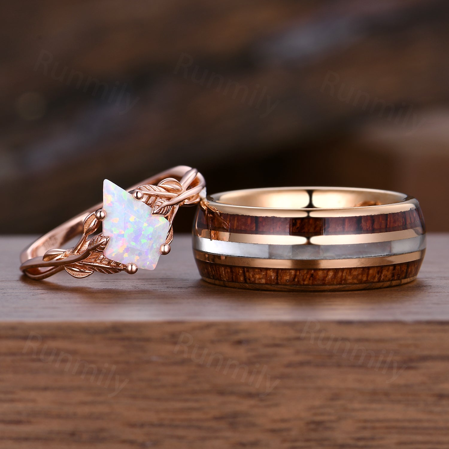 Kite Cut White Opal Couples Ring Set Rose Gold Twig Leaf Ring His And Hers Wedding Band Mens Tungsten Ring October Anniversary Rings