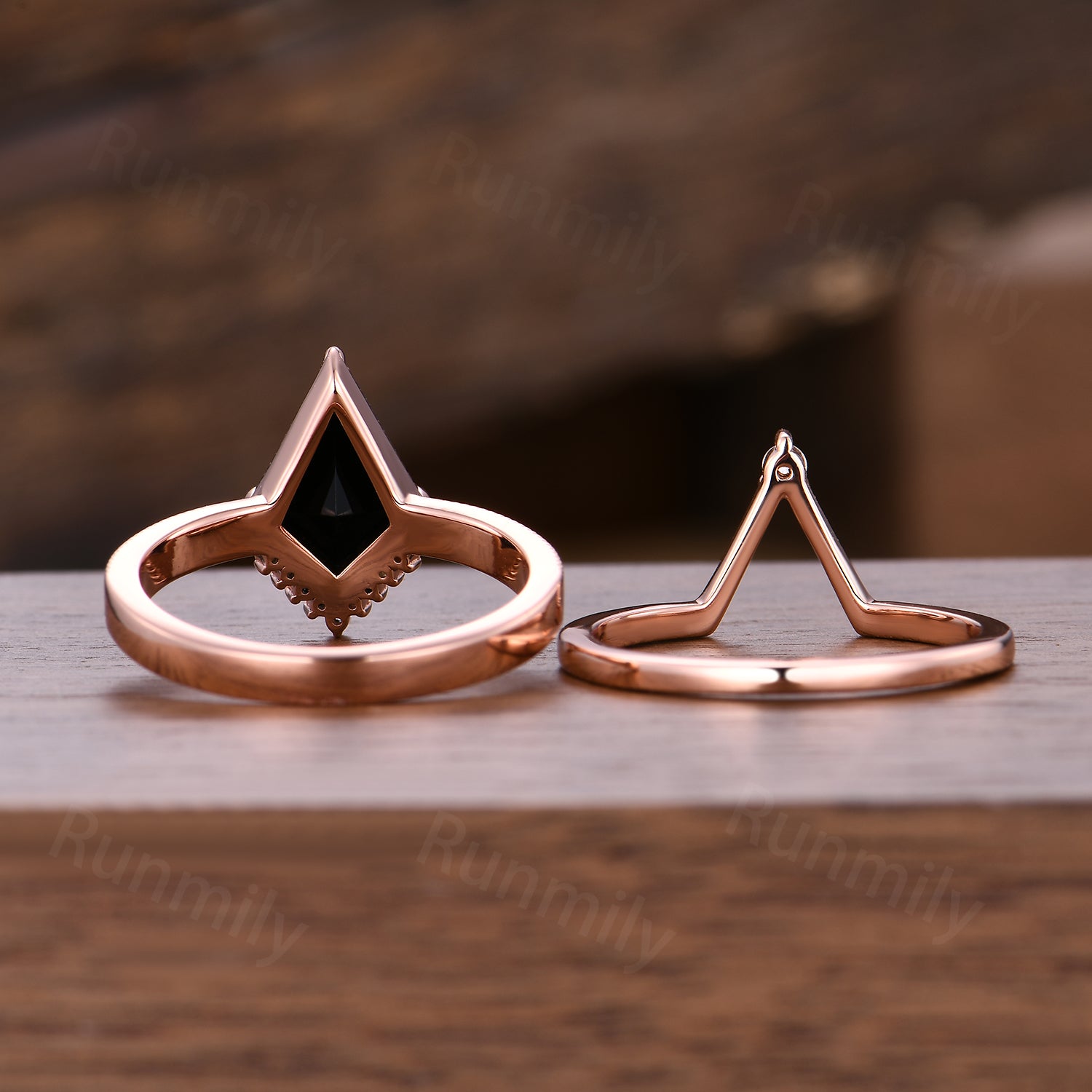 Filigree Black Onyx Engagement Ring Set Antique Rose Gold Wedding Stacking Ring Unique V Curved Bridal Anniversary Ring