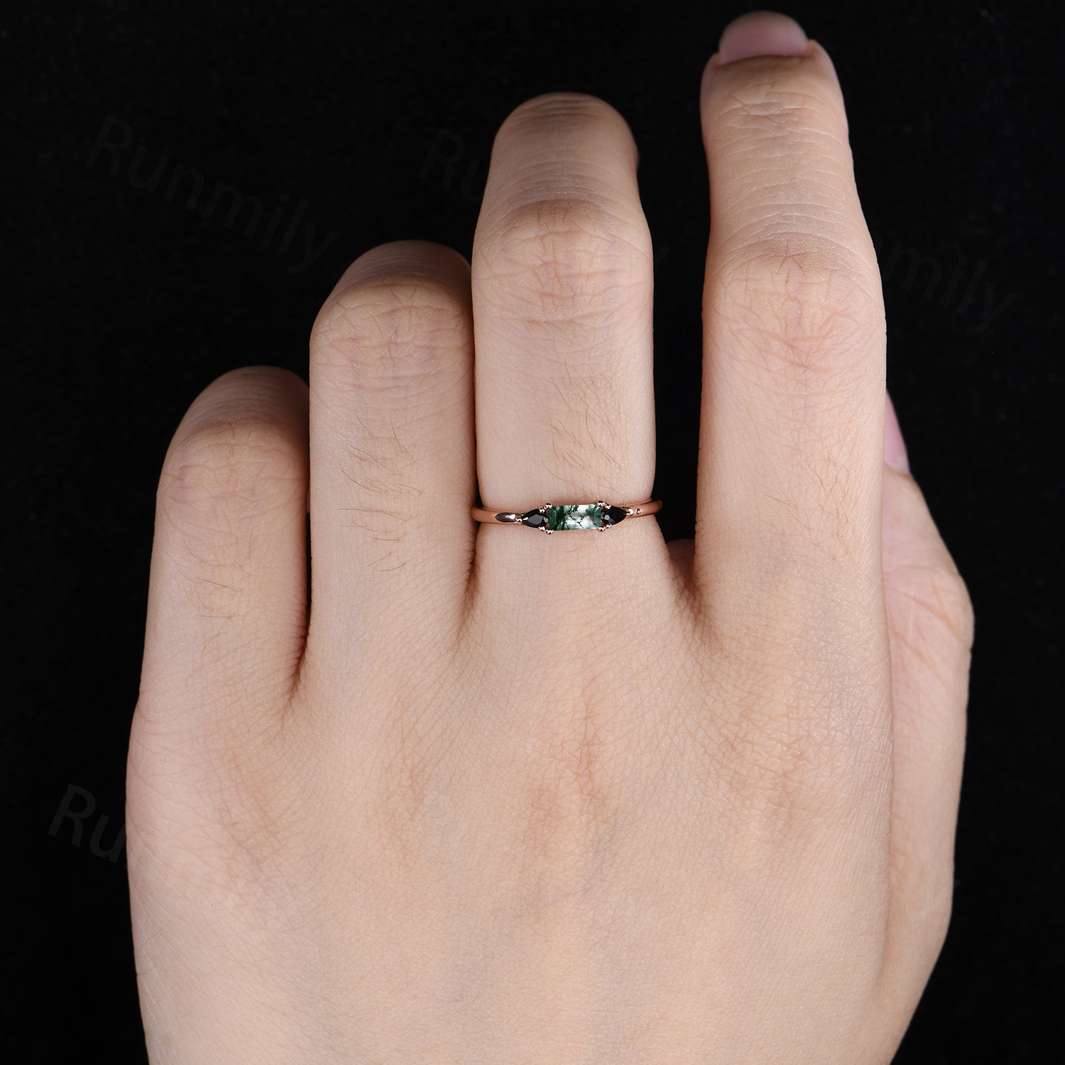 Baguette Cut Moss Agate Wedding Band Rose Gold Black Spinel Wedding Ring Three Stone Stacking Matching Band Gemstone Anniversary Ring