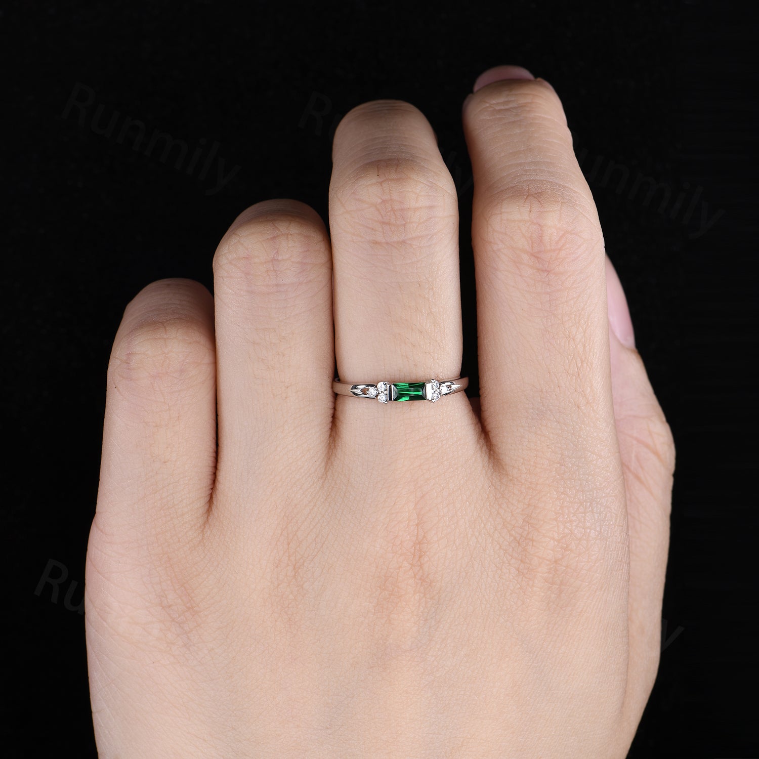 Baguette cut Emerald Wedding Band Sterling Silver Stacking Band Unique Moissanite Cluster Wedding Ring Dainty Anniversary Ring For Women