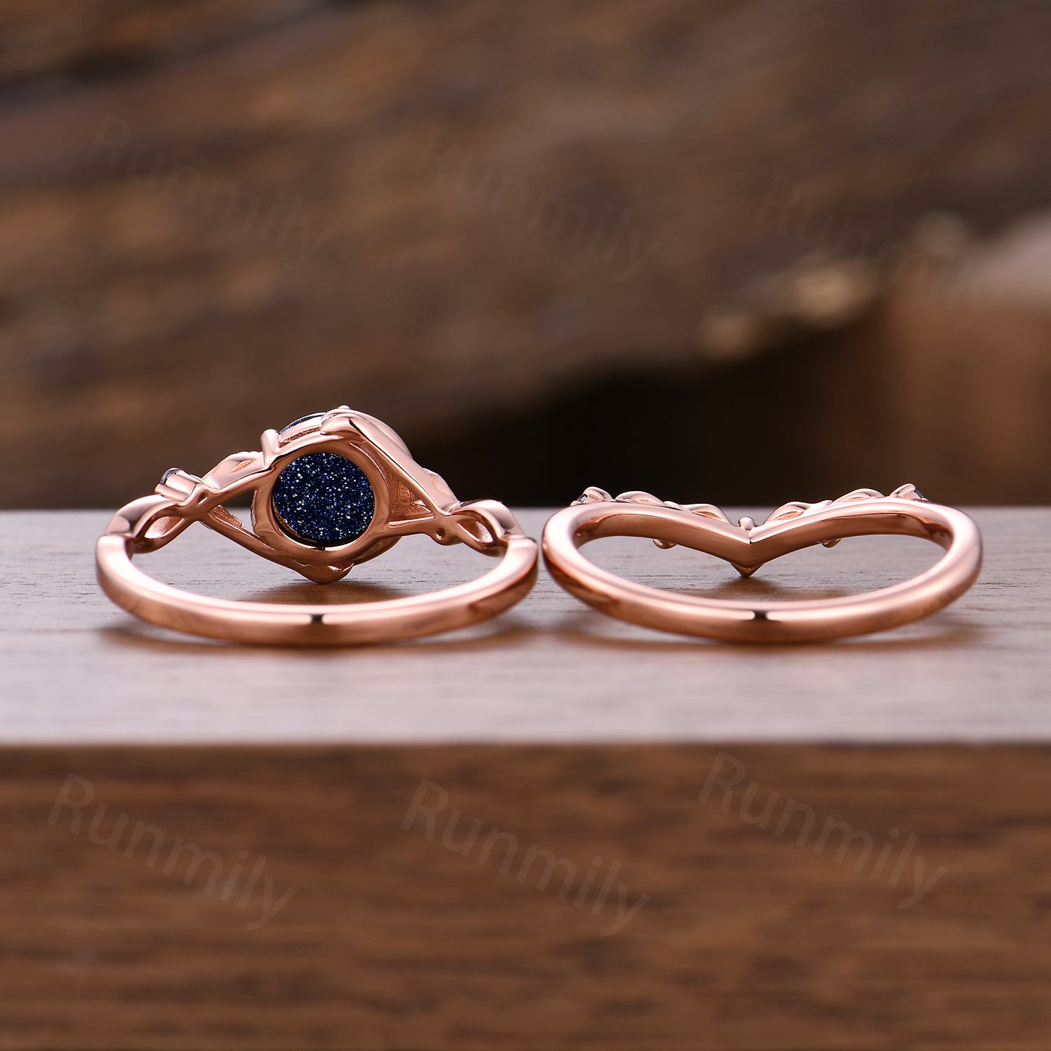 1CT Round Galaxy Blue Sandstone Amethyst Engagement Ring Set Moon Twig Leaf Bridal Wedding Ring Vintage Rose Gold Promise Rings