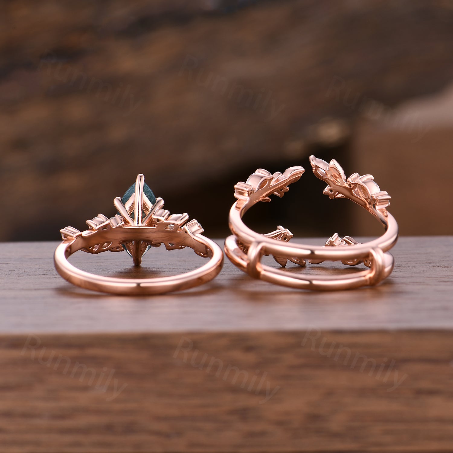 Moss Agate Marquise Bridal Ring Set: Vintage Rose Gold Moissanite Cluster
