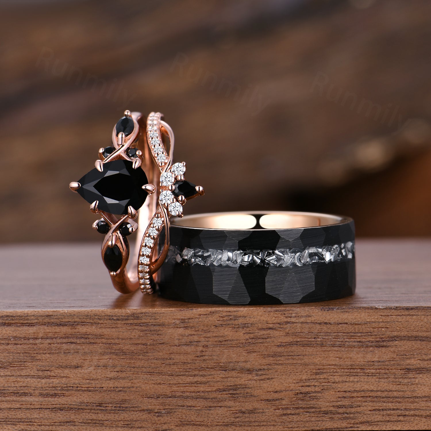 Vintage Black Onyx Couple Ring Set Rose Gold & Tungsten His and Her Band Matching Unique Promise Ring Set