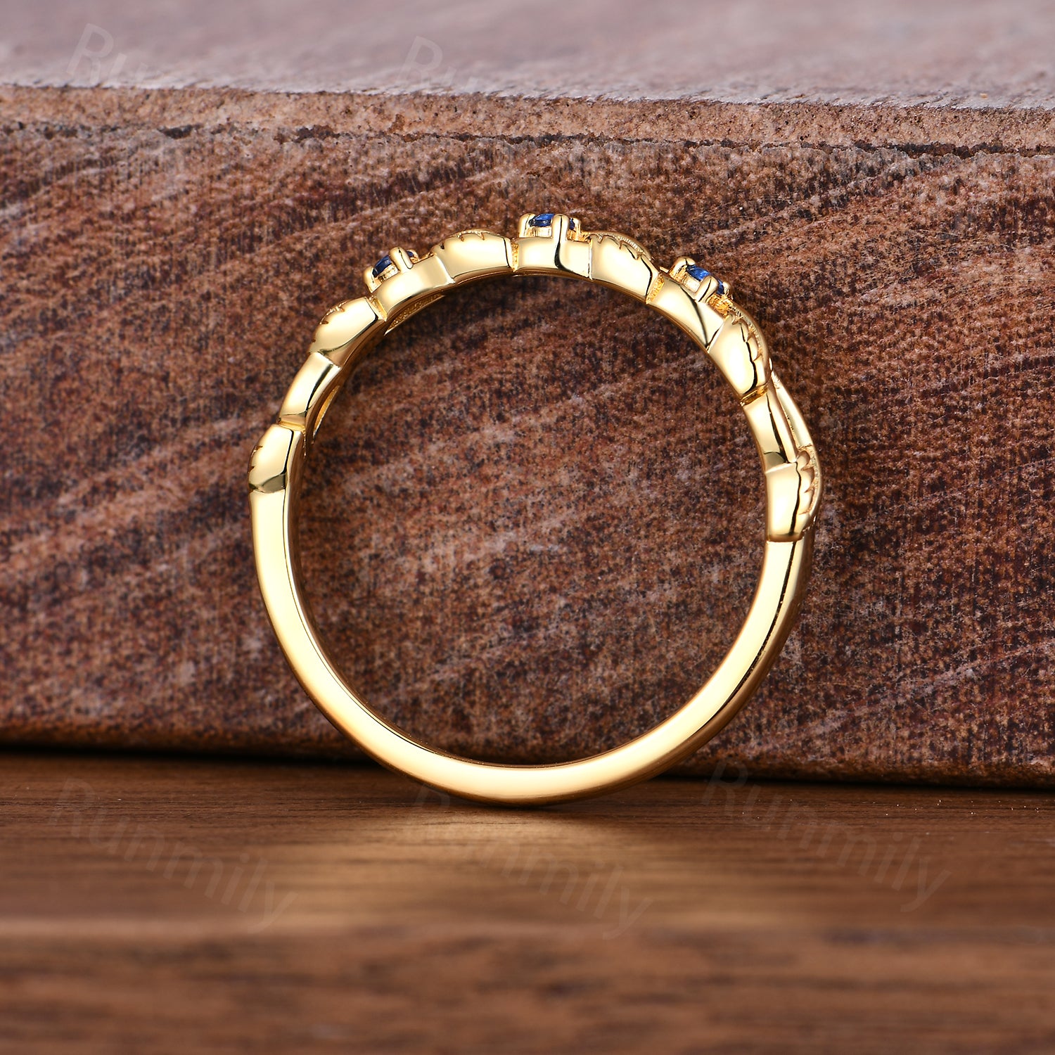 Dainty Blue Sapphire Wedding Band Leafy Inspired Band Solid Yellow Gold Three Stone Stacking Band Anniversary Ring Branch Ring