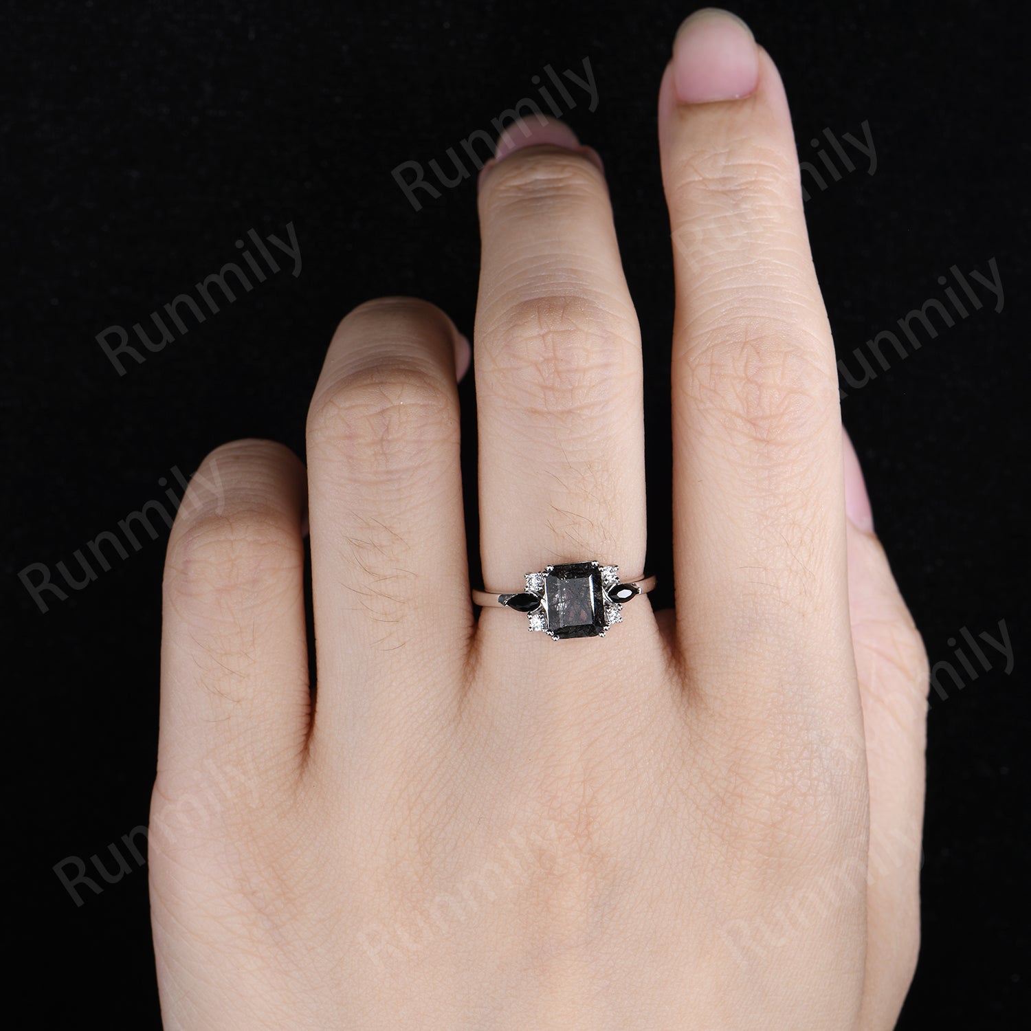 Unique Emerald Cut Natural Black Rutilated Quartz Engagement Ring Vintage Black Rutilated Quartz Set With Black Spinel And Moissanite Seven Stone Ring Silver Bride Ring