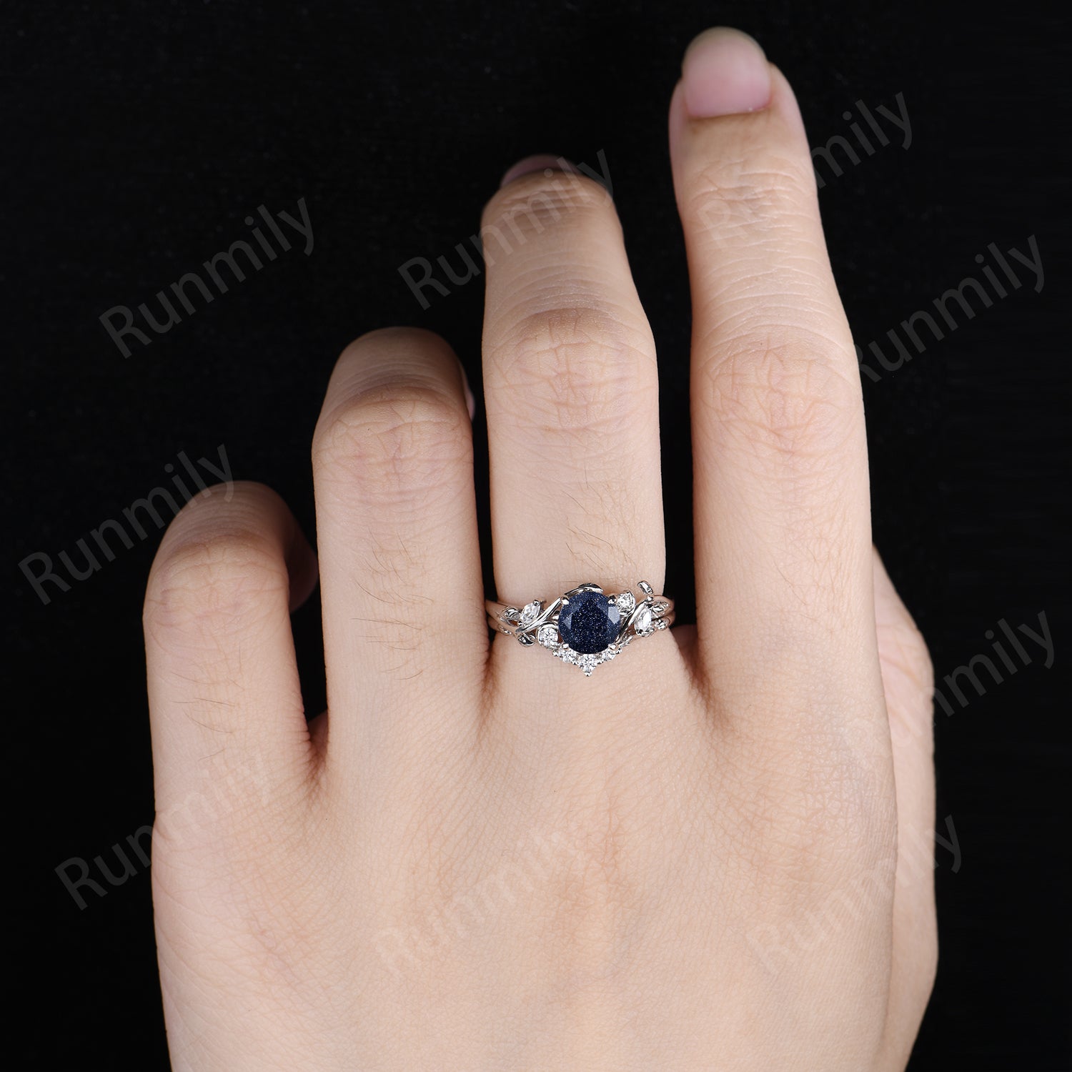 Round Cut Blue Sandstone Engagement Ring Set Twig Leaf Moissanite Wedding Band White Gold Nature Inspired Bridal Set Galaxy Anniversary Ring