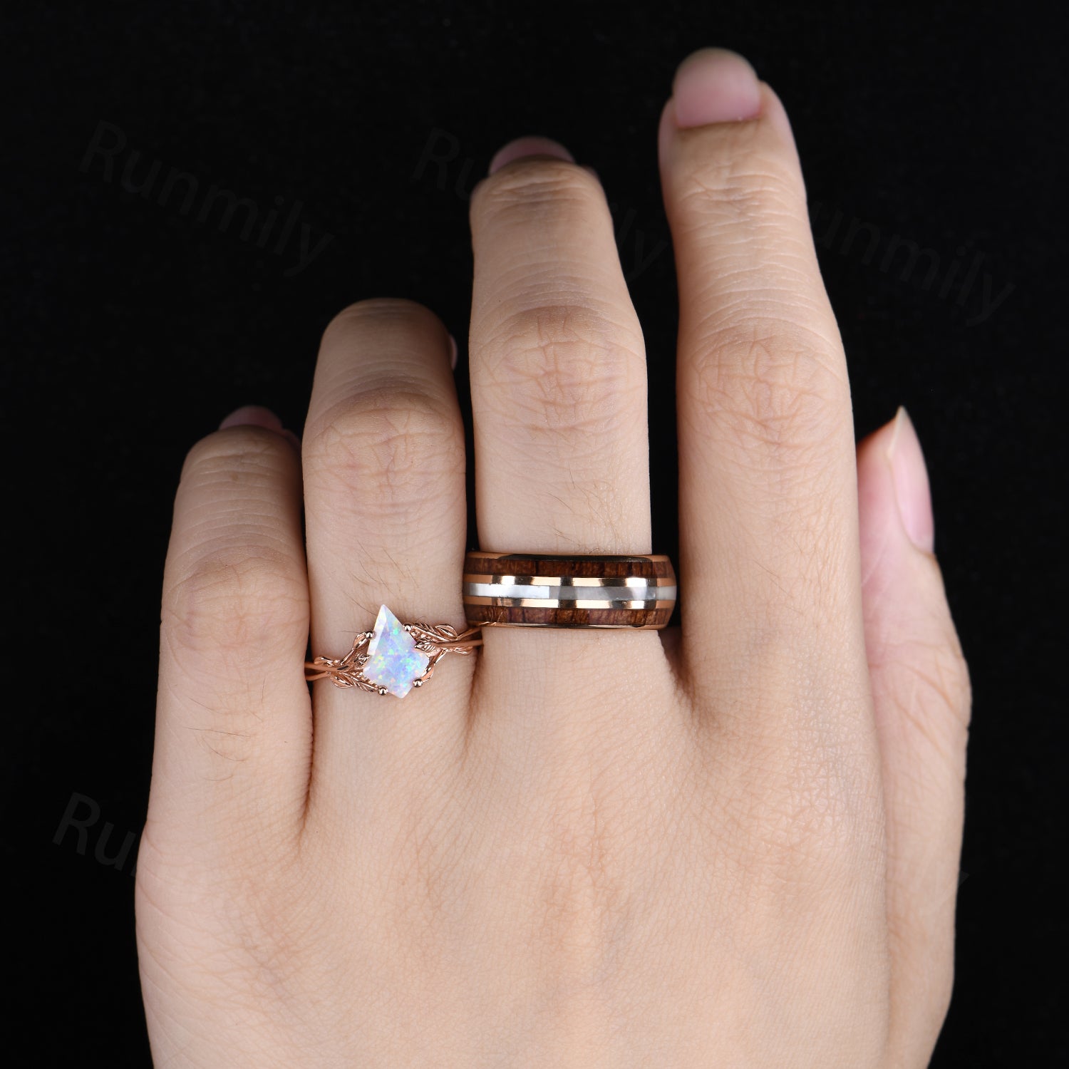 Kite Cut White Opal Couples Ring Set Rose Gold Twig Leaf Ring His And Hers Wedding Band Mens Tungsten Ring October Anniversary Rings