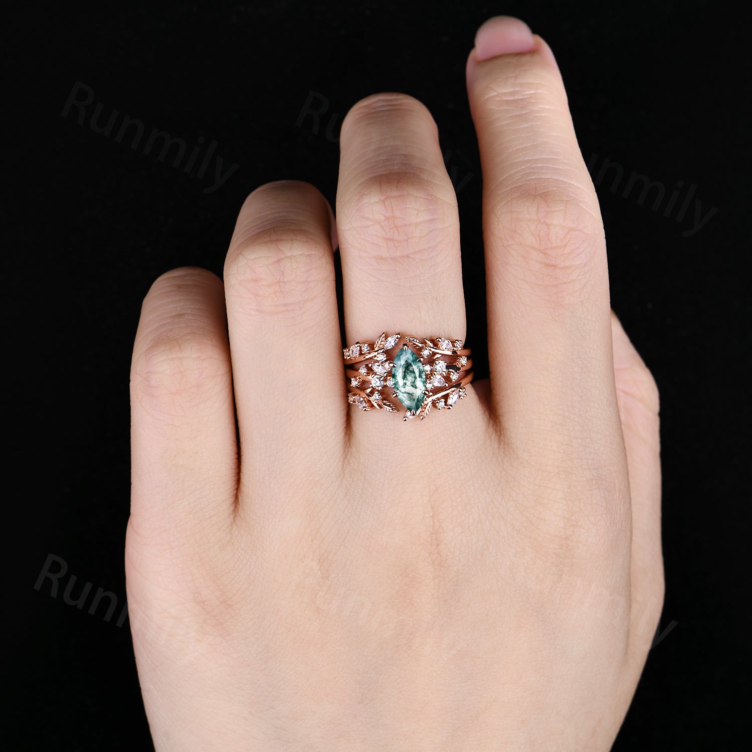 Moss Agate Marquise Bridal Ring Set: Vintage Rose Gold Moissanite Cluster