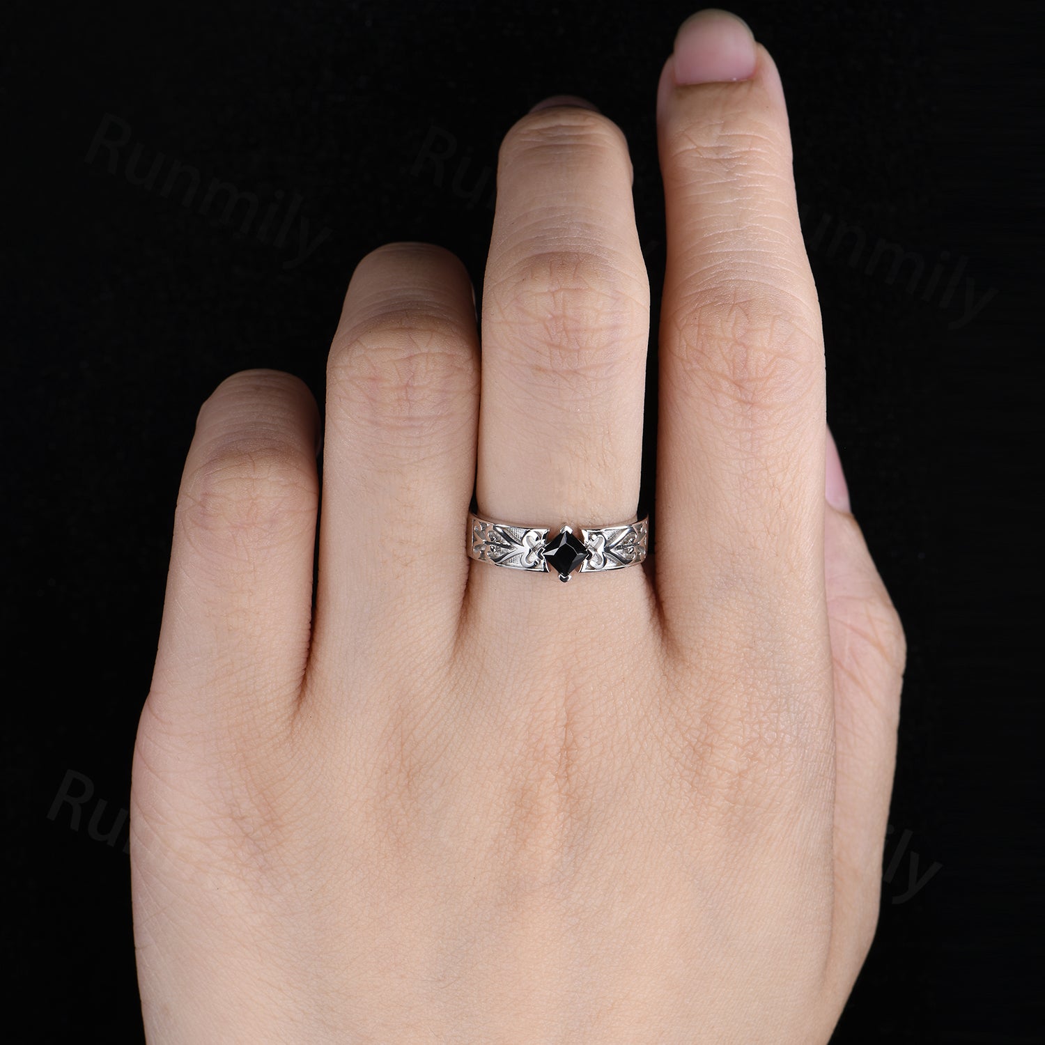 Princess Cut Black Onyx Mens Ring Celtic Love Knot Wedding Band 14k White Gold Mens Vintage Promise Ring