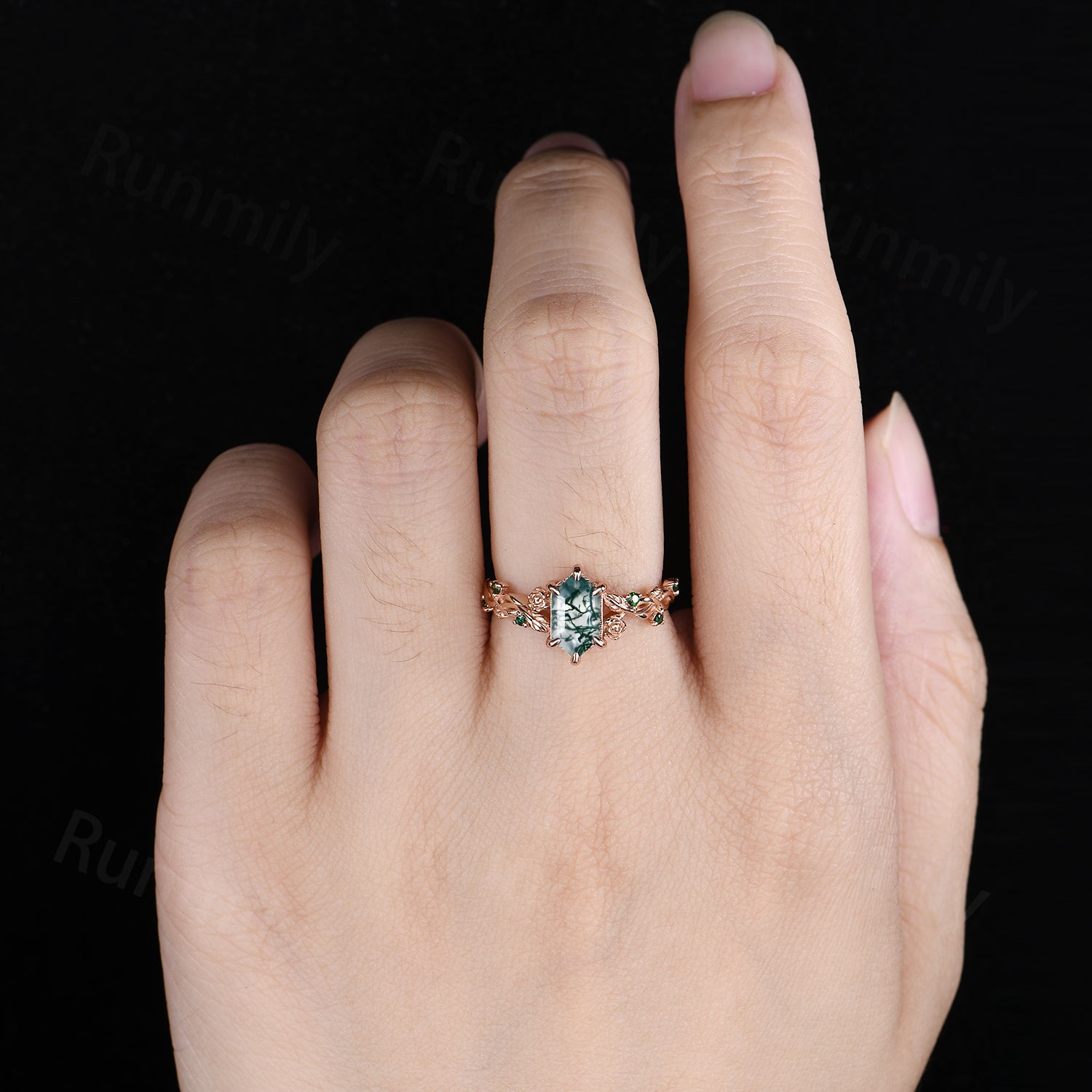 Unique Moss Agate Engagement Ring Infinity Leaf Emerald Ring Twisted Vine Wedding Ring For Women Nature Wedding Jewelry