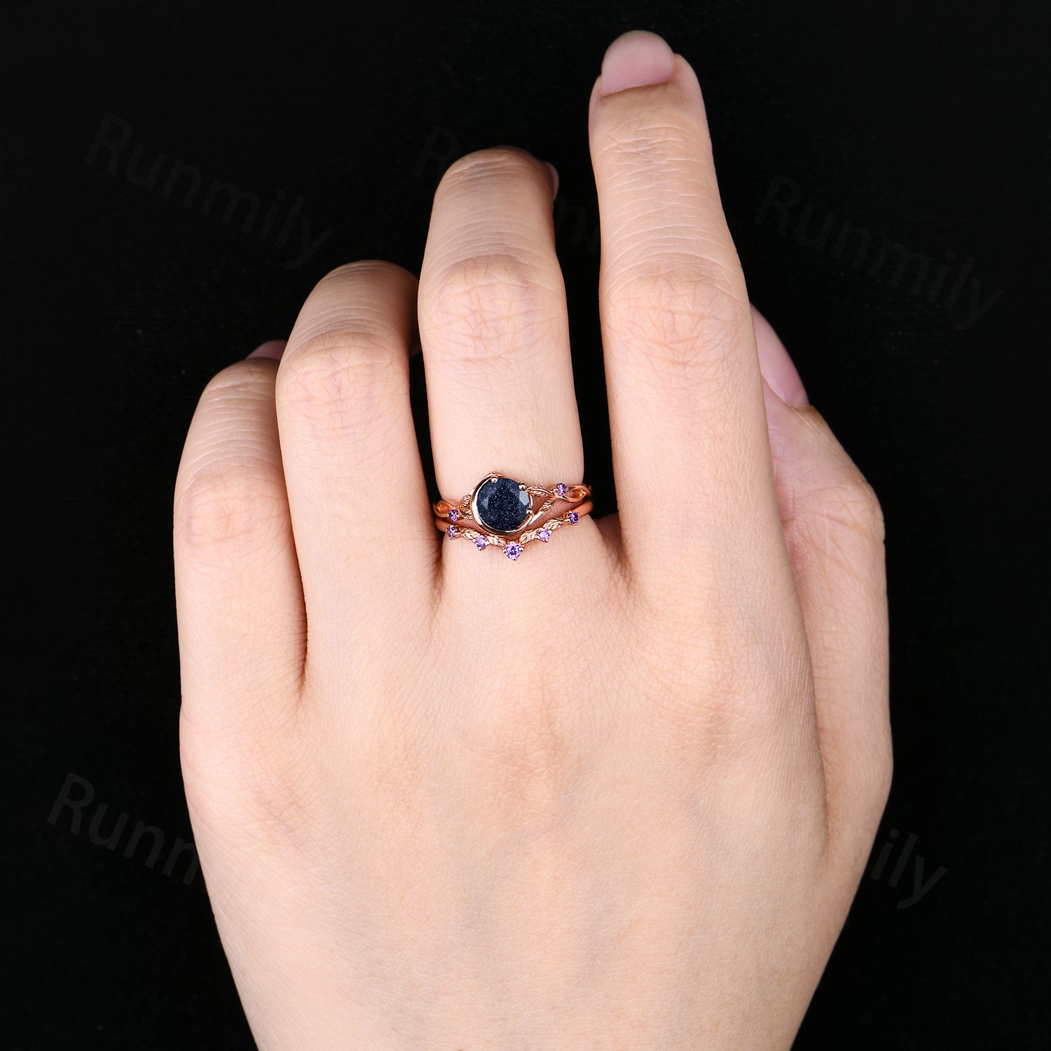 1CT Round Galaxy Blue Sandstone Amethyst Engagement Ring Set Moon Twig Leaf Bridal Wedding Ring Vintage Rose Gold Promise Rings