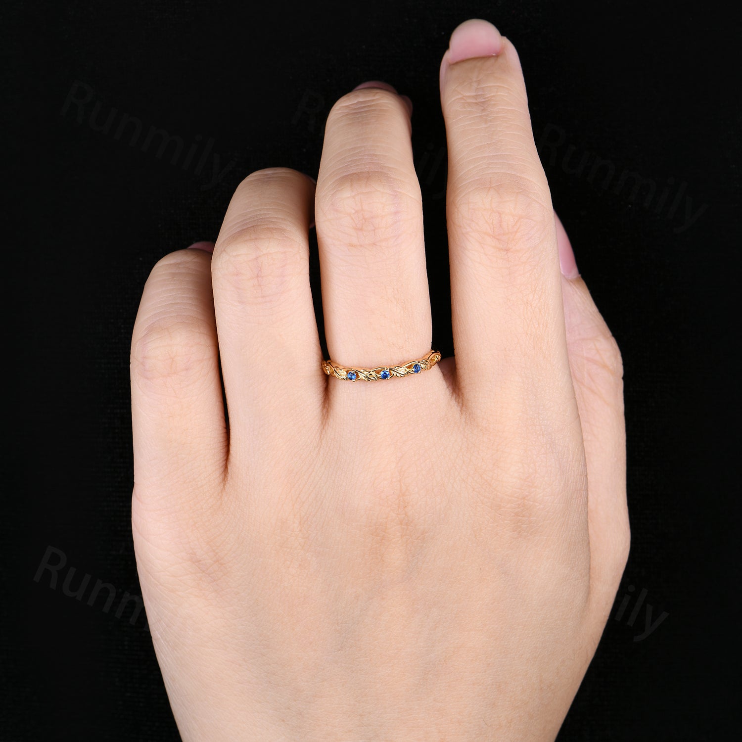 Dainty Blue Sapphire Wedding Band Leafy Inspired Band Solid Yellow Gold Three Stone Stacking Band Anniversary Ring Branch Ring