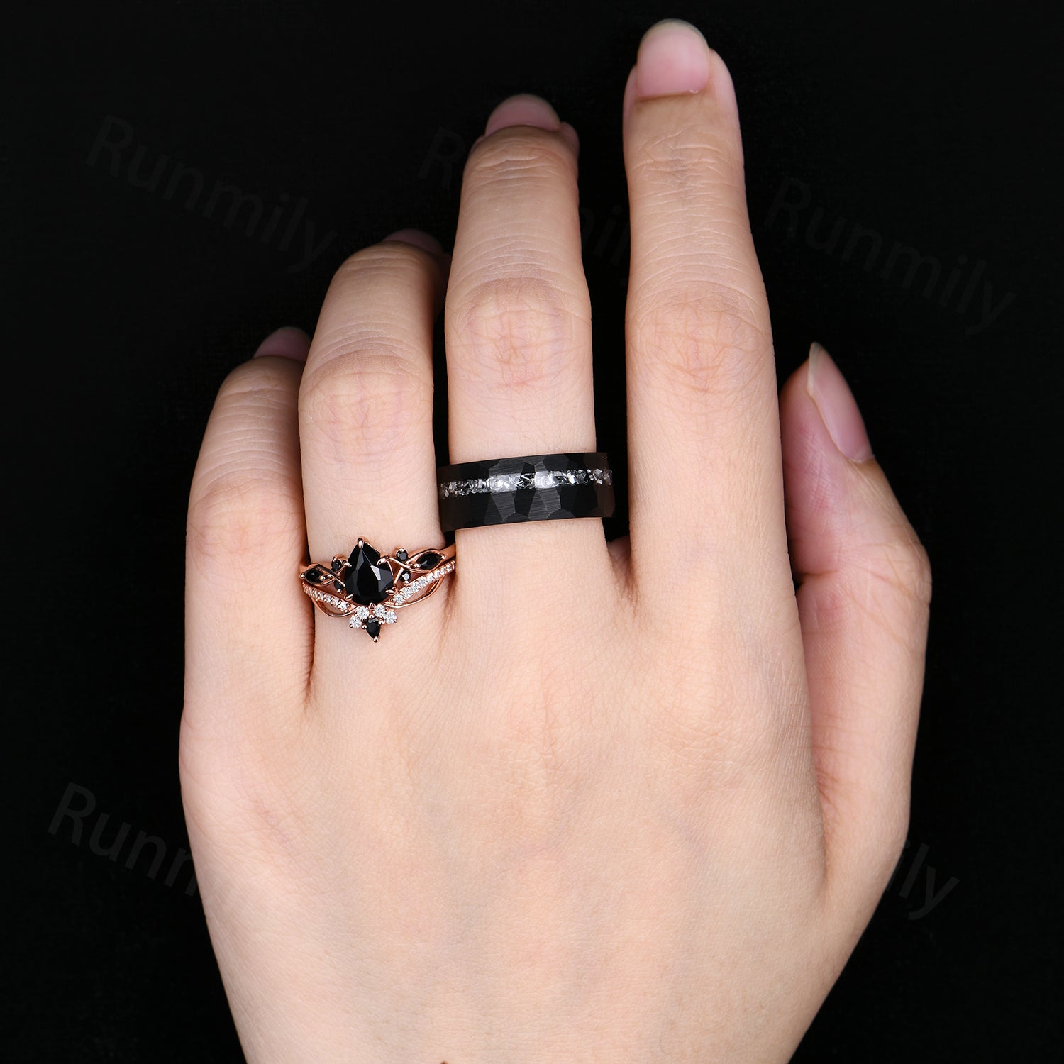 Vintage Black Onyx Couple Ring Set Rose Gold & Tungsten His and Her Band Matching Unique Promise Ring Set