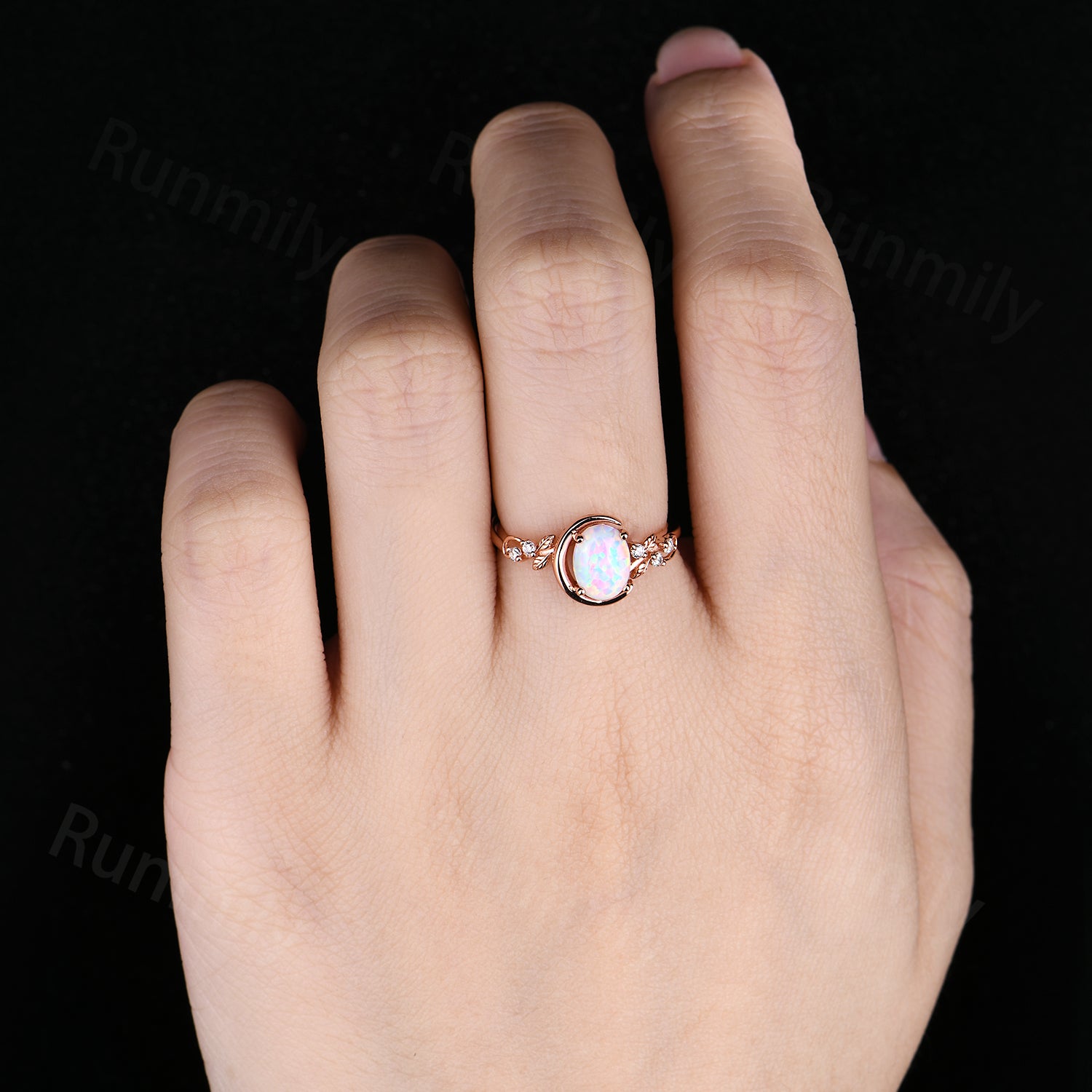 Crescent Opal Engagement Ring, Rose Gold Twig Leaf Moissanite Wedding Anniversary Ring