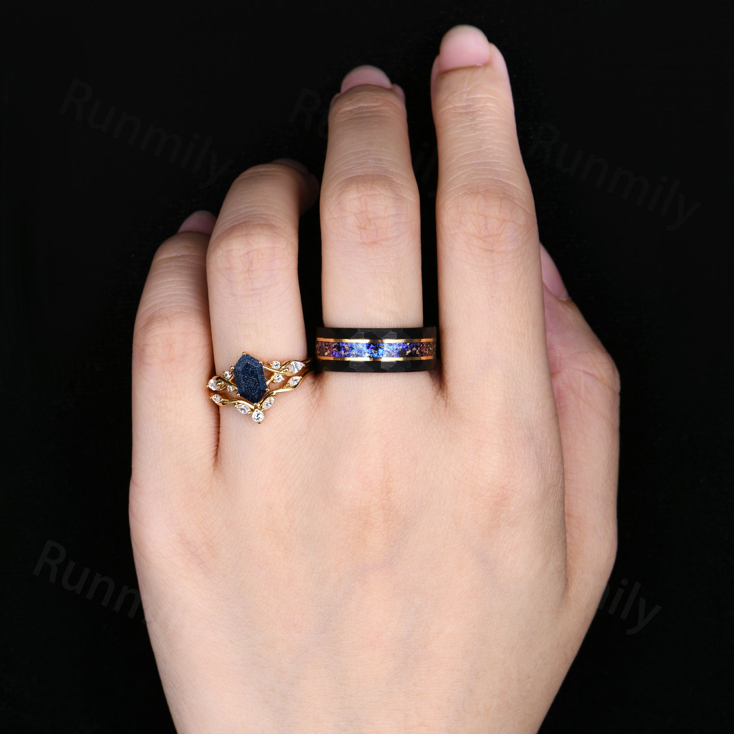 Starry Night Rings, Galaxy Blue Sandstone Couples Ring Set, Unique Cluster Bridal Ring, Yellow Gold Couple Wedding Band Cosmos Promise Rings