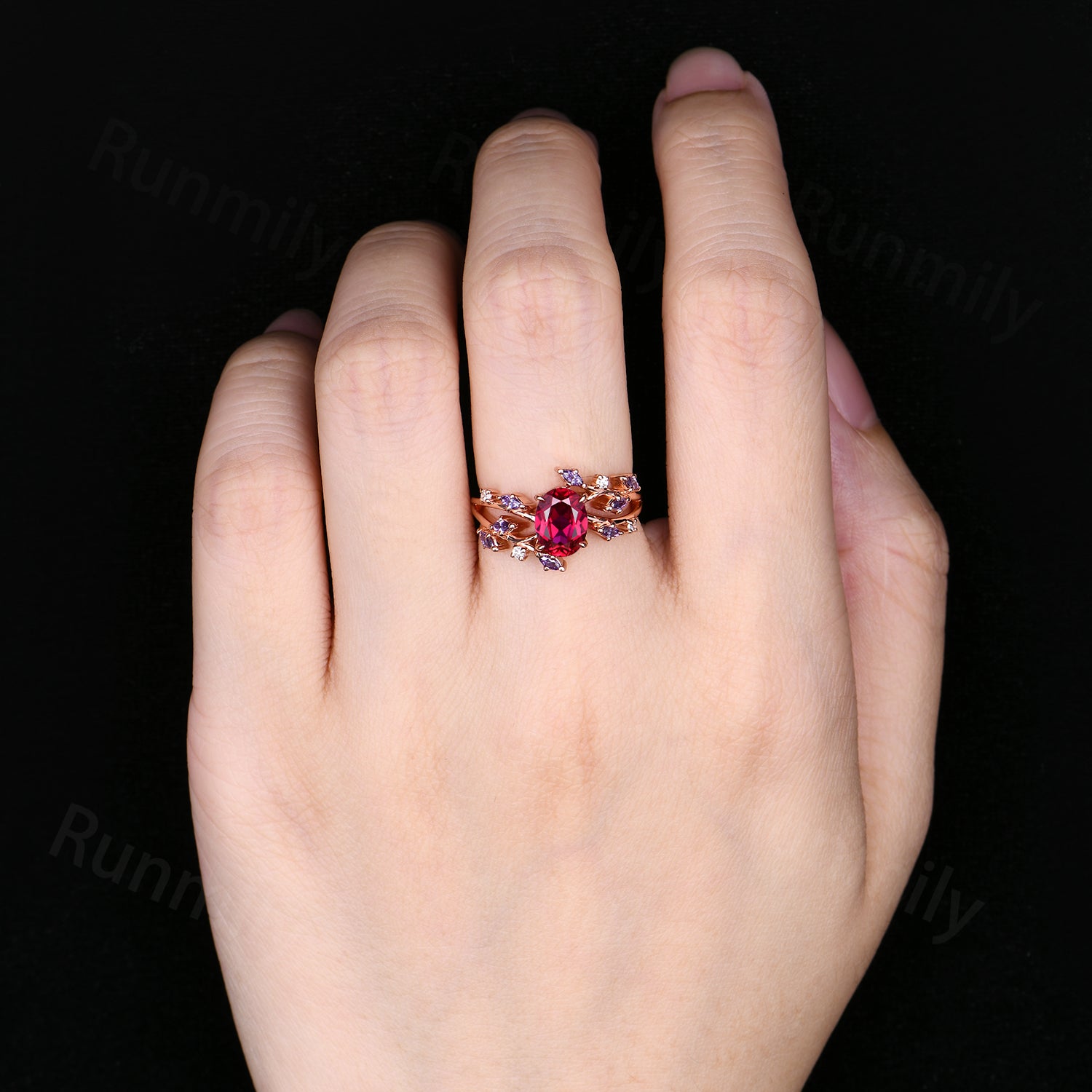 Vintage Oval Ruby Engagement Ring: Rose Gold Amethyst Moissanite Anniversary Ring, Branch Ring