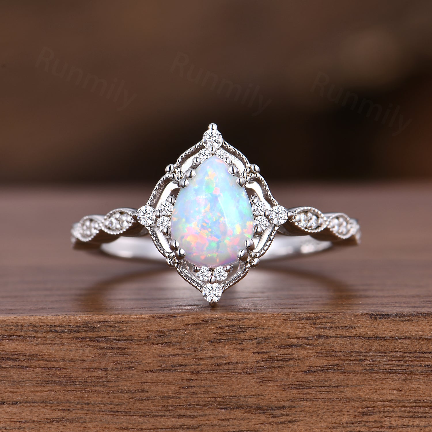 Vintage Opal Engagement Ring Set Unique Art Deco Moissanite Wedding Ring 14K White Gold Anniversary Ring Gift