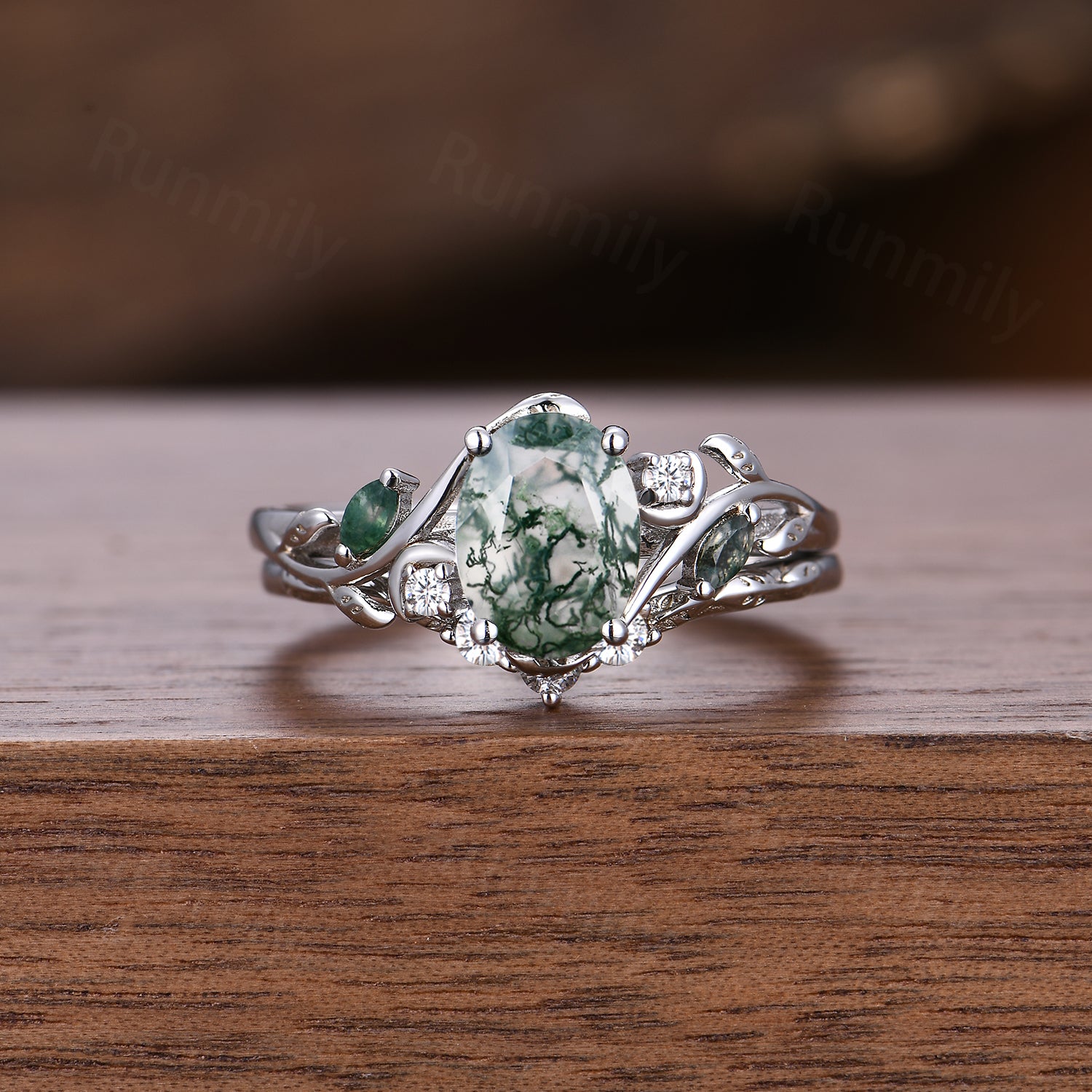 Oval Cut Moss Agate Couples Ring Set His and Hers Wedding Band- Silver & Tungsten Ring Set Matching Nature Inspired Couples Promise Rings