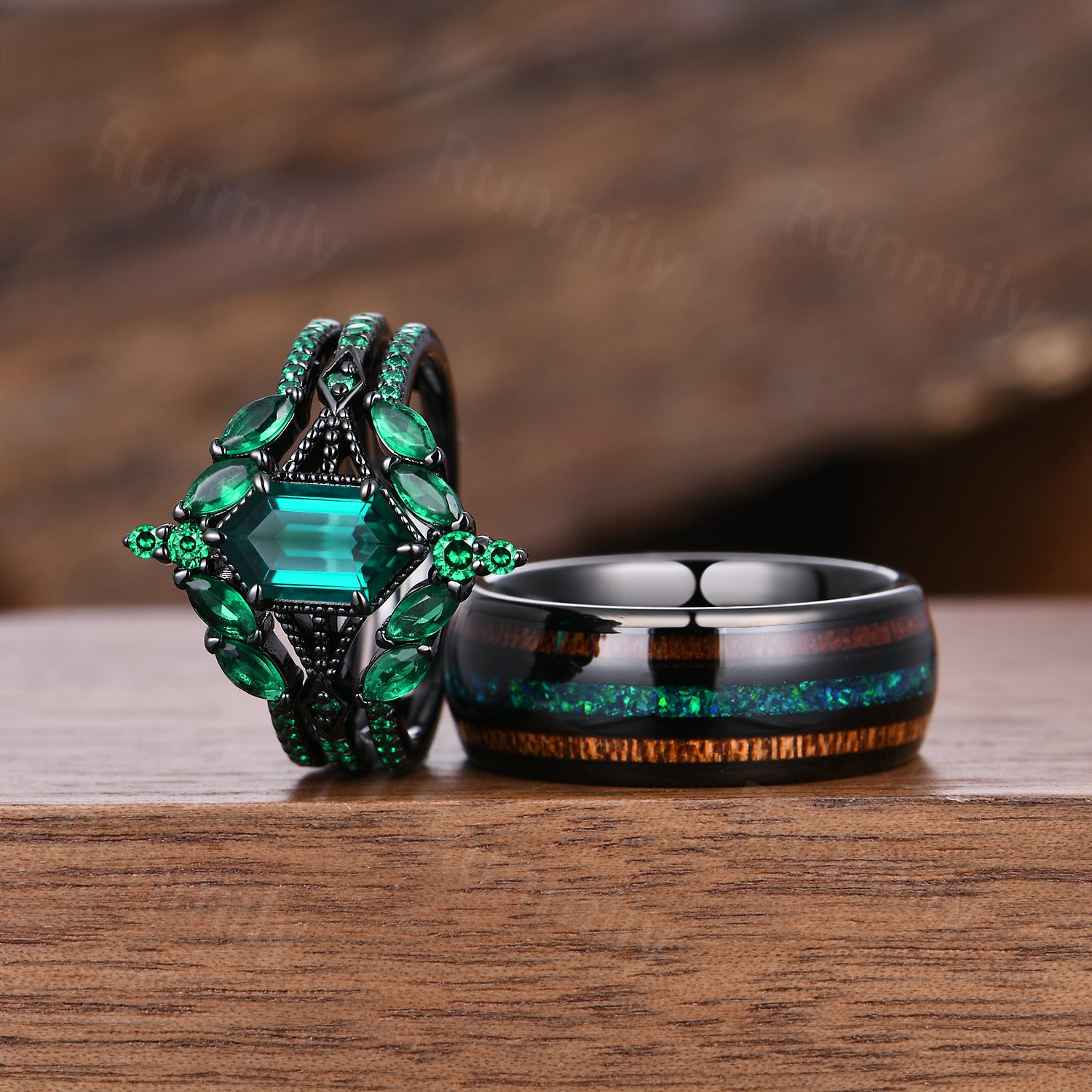 Hexagon Emerald & Whiskey Barrel Couples Ring Set- His and Hers Wedding Band- Silver Black Gold/ Tungsten Matching Promise Rings