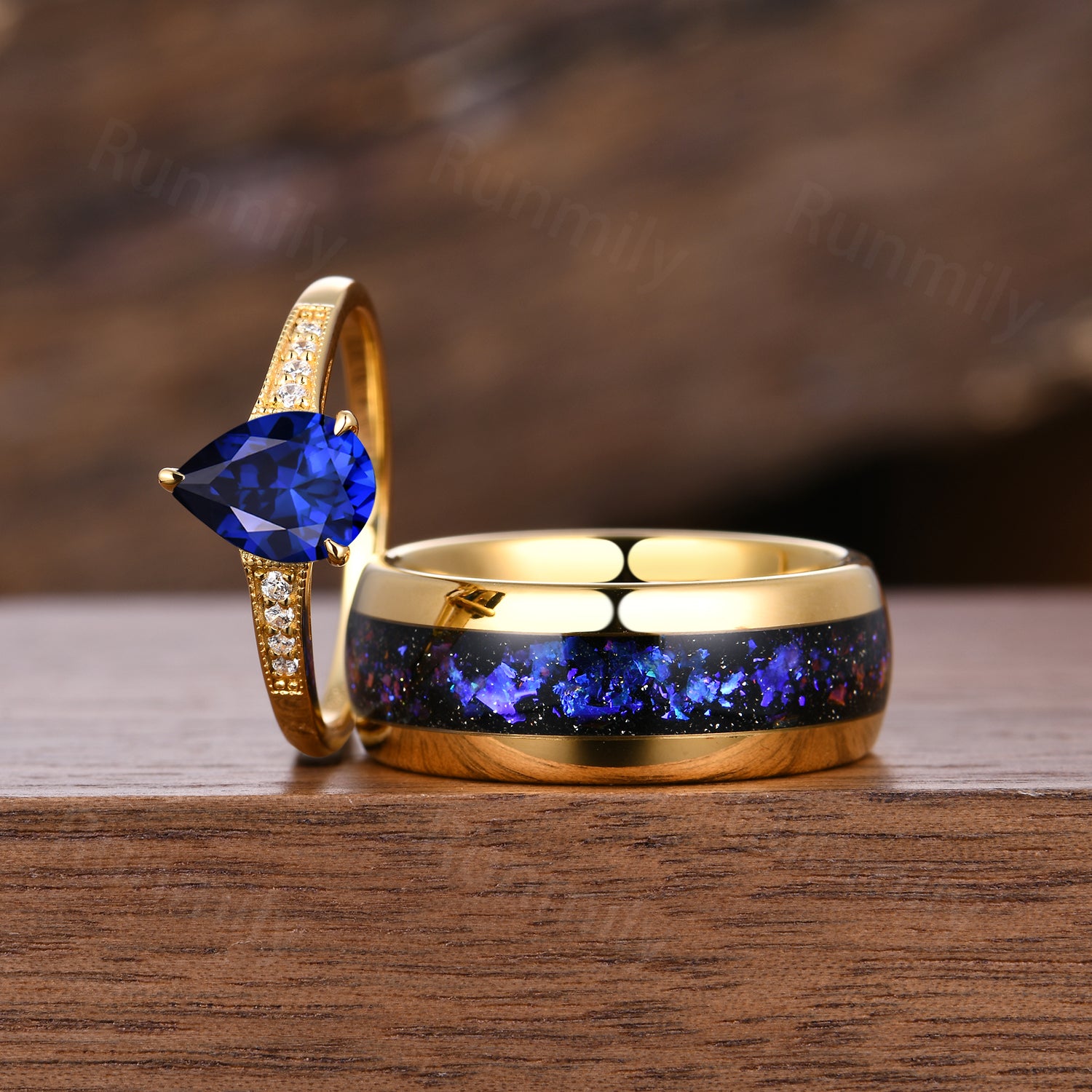 Galaxy Orion Nebula & Sapphire Couples Ring Set, His and Hers Matching Wedding Bands, Unique Yellow Gold Matching Promise Rings