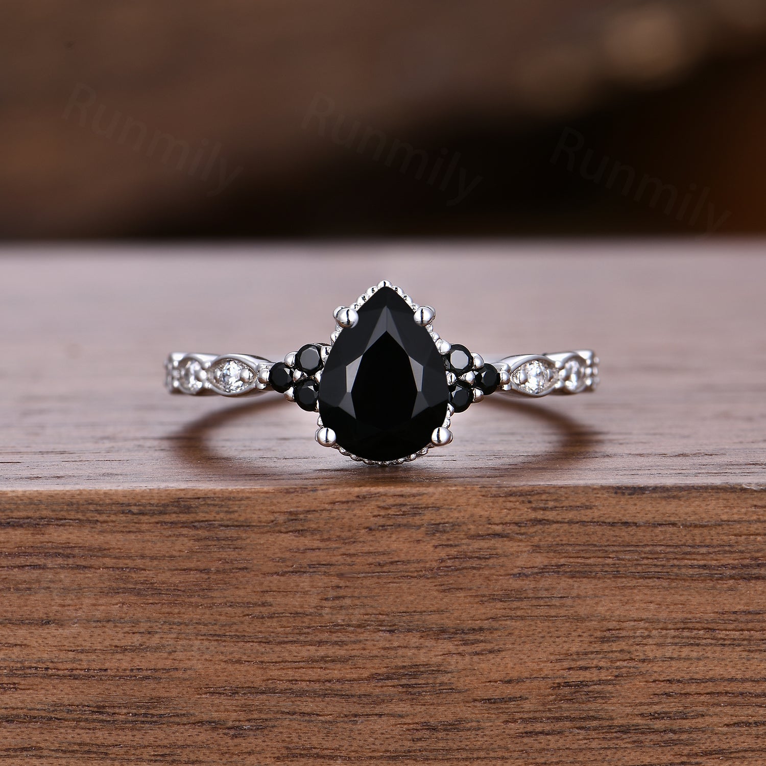 Vintage black onyx engagement ring white gold ring art deco open gap stacking band pear shaped bridal set unique moissanite wedding set