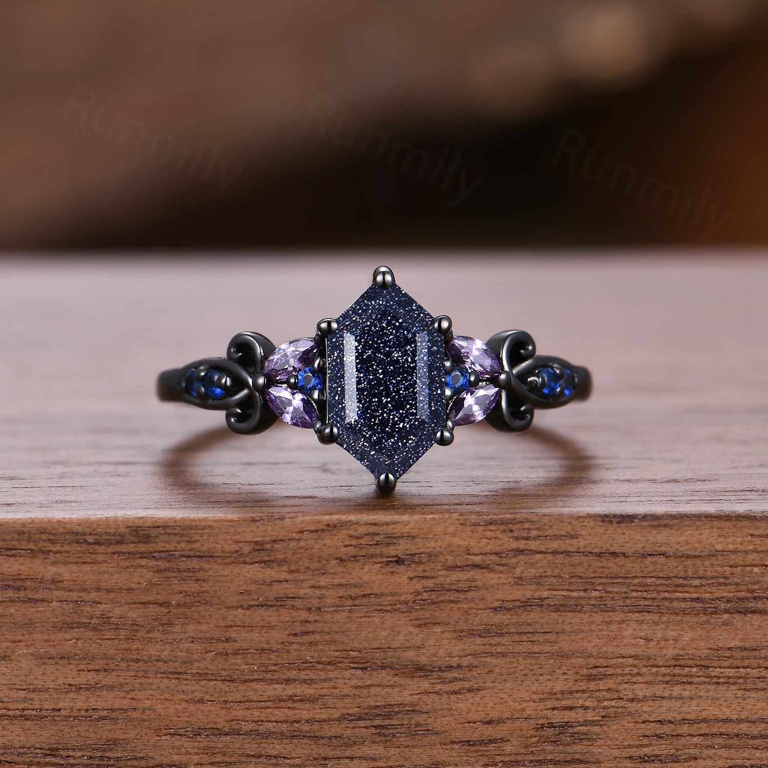 Blue Sandstone & Galaxy Orion Nebula Couples Ring- His and Hers Ring Set- Black Purple Matching Wedding Bands- Outer Space Couples Ring