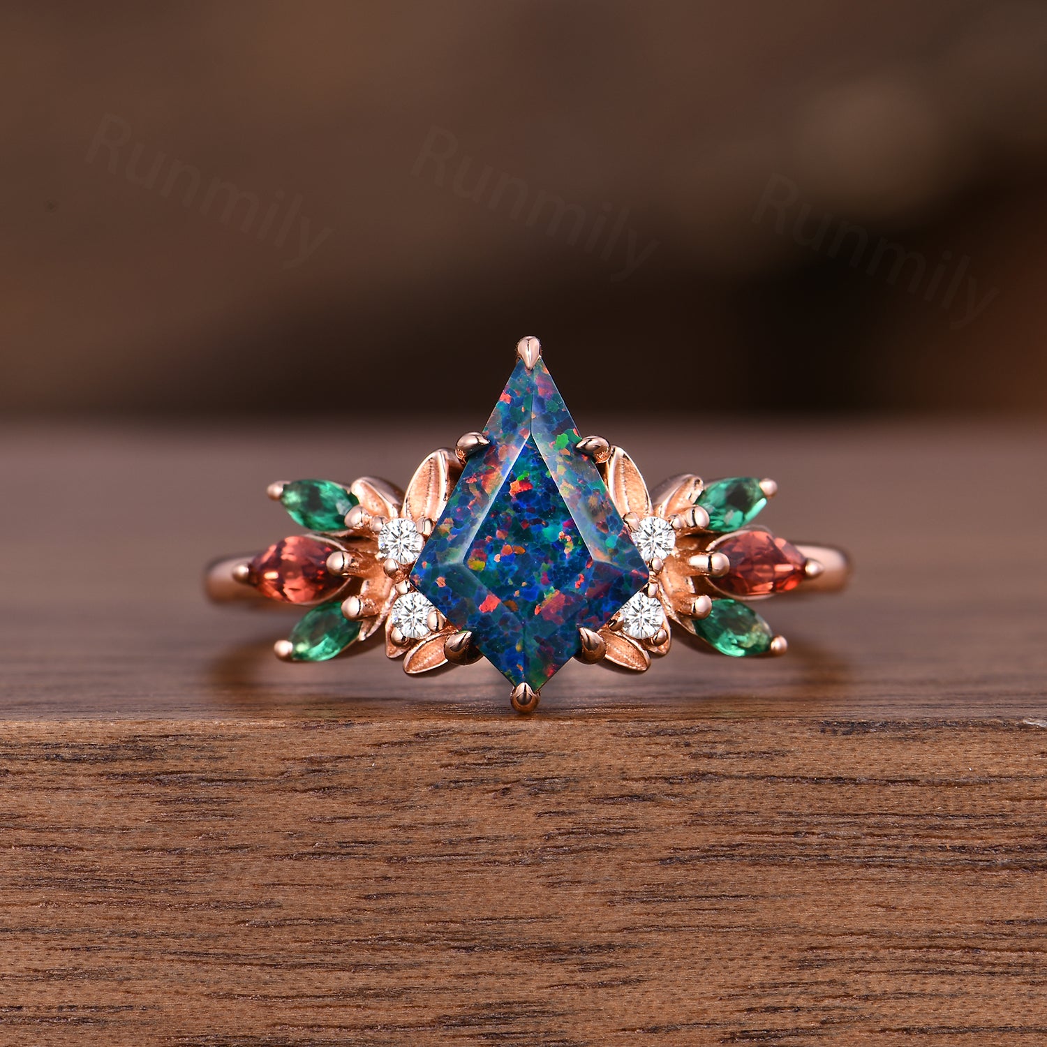 Kite cut Black Opal engagement ring set vintage rose gold marquise cut Emerald Garnet wedding band Cluster bridal promise ring