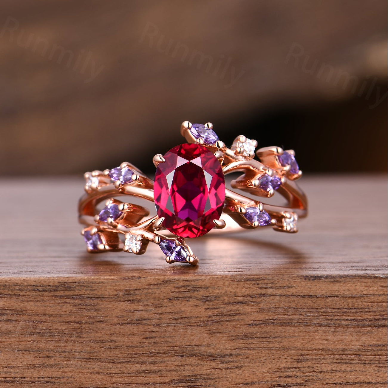 Vintage Oval Ruby Engagement Ring: Rose Gold Amethyst Moissanite Anniversary Ring, Branch Ring