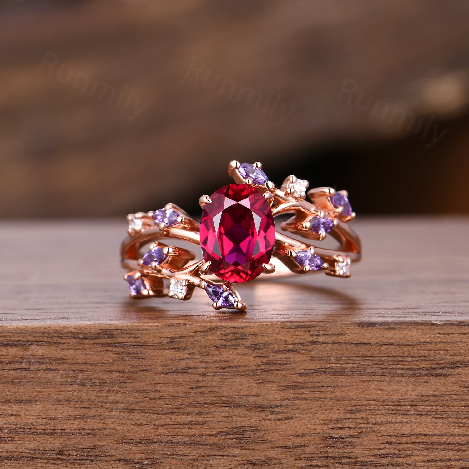 Vintage Oval Ruby Engagement Ring: Rose Gold Amethyst Moissanite Anniversary Ring, Branch Ring
