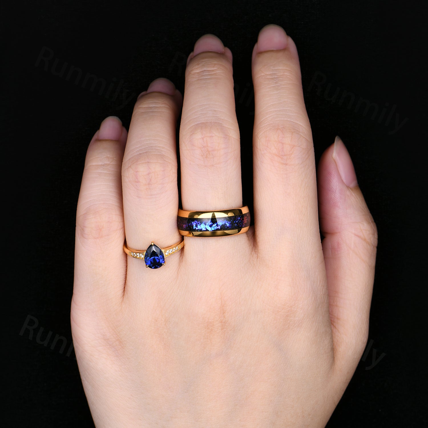 Galaxy Orion Nebula & Sapphire Couples Ring Set, His and Hers Matching Wedding Bands, Unique Yellow Gold Matching Promise Rings