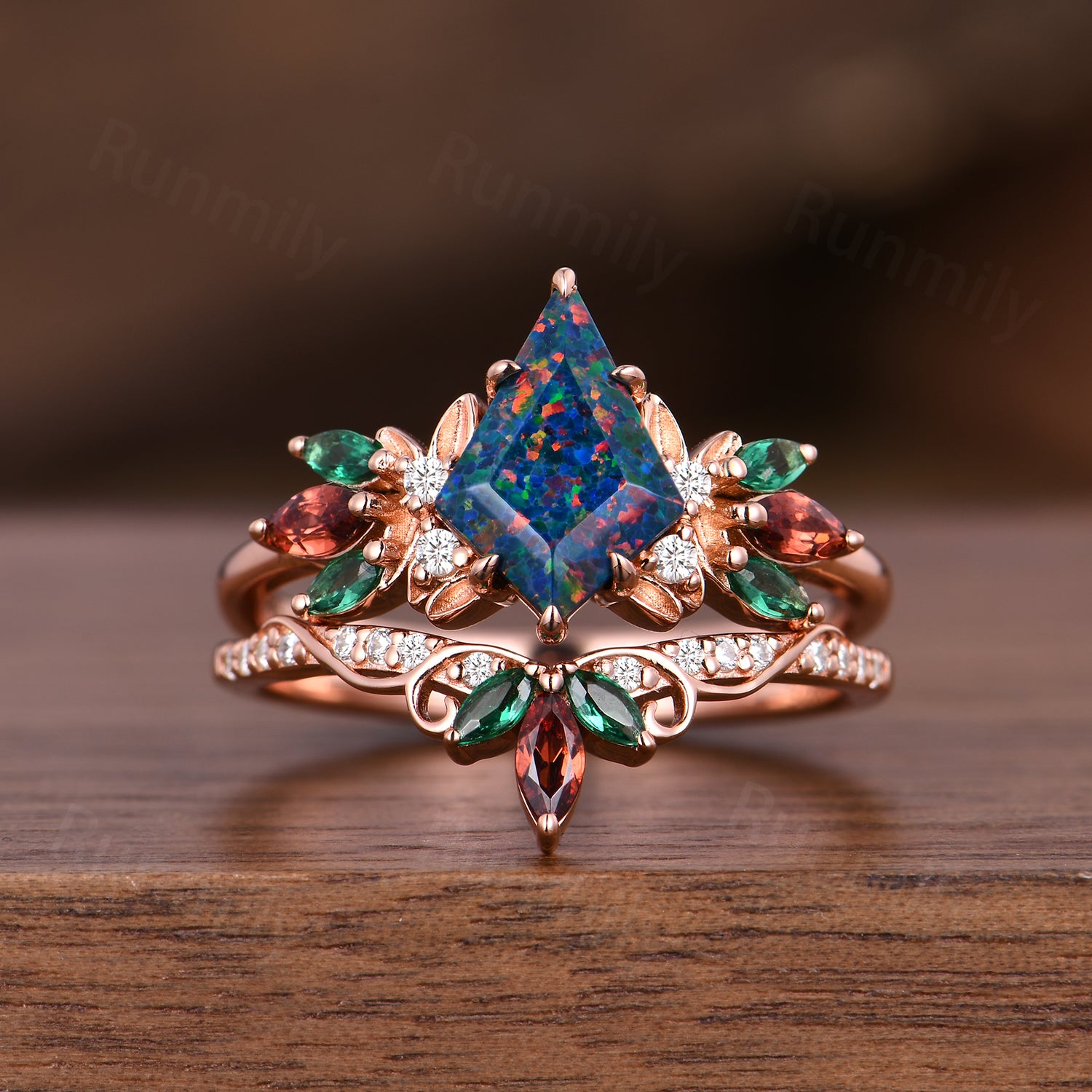 Kite cut Black Opal engagement ring set vintage rose gold marquise cut Emerald Garnet wedding band Cluster bridal promise ring