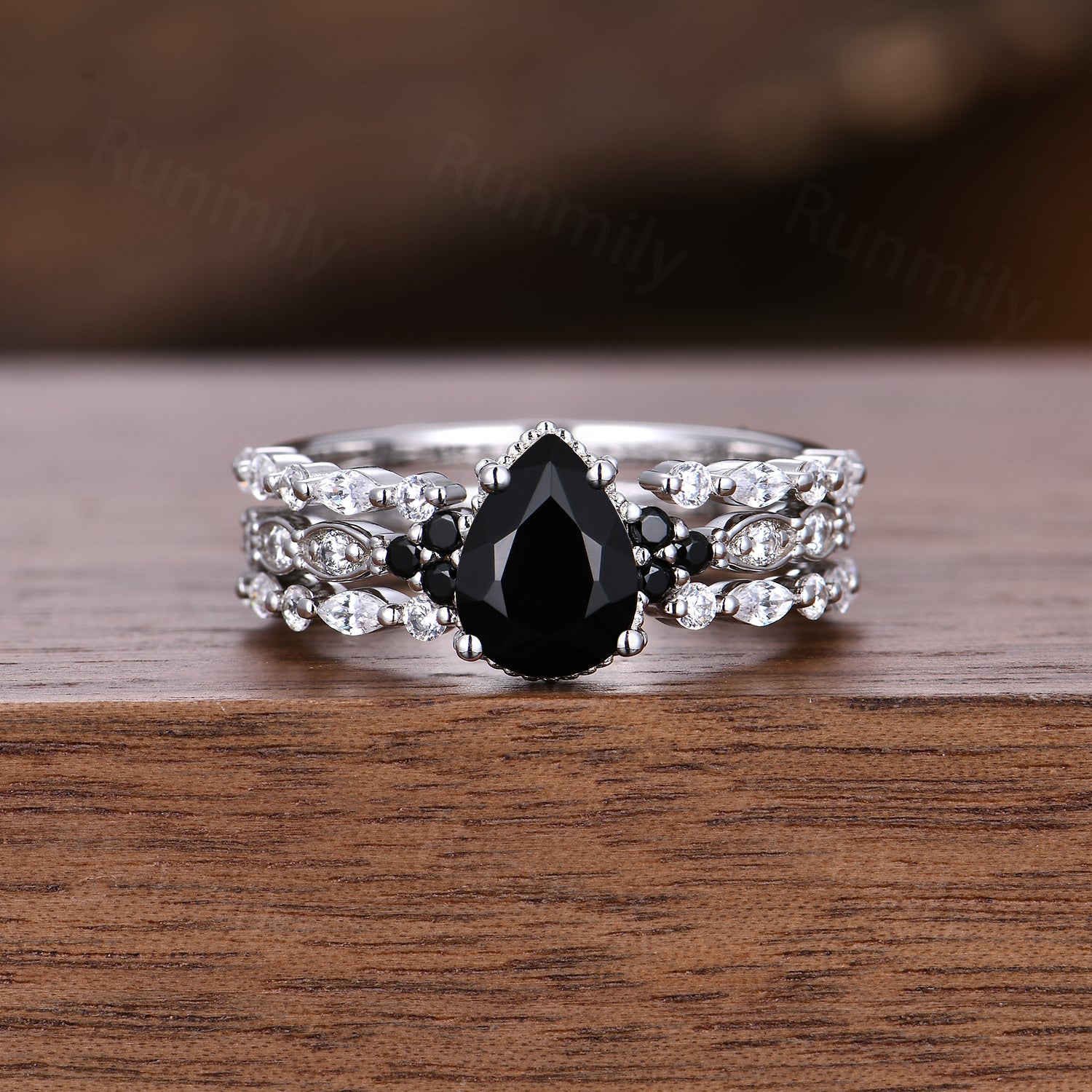 Vintage black onyx engagement ring white gold ring art deco open gap stacking band pear shaped bridal set unique moissanite wedding set
